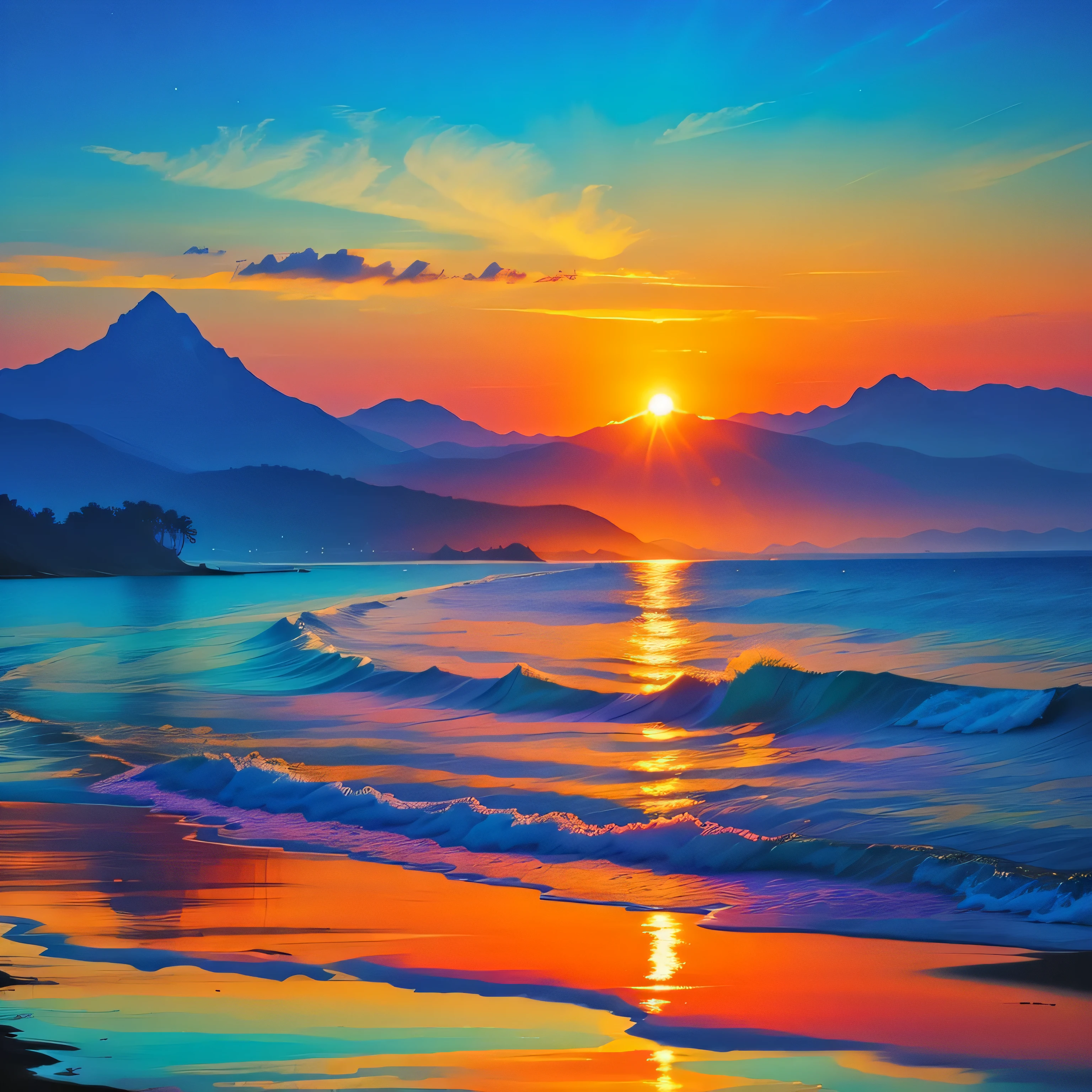 Every dawn is a new canvas, a fresh opportunity to bring about change. Seize the day and make it a masterpiece! Witness the vibrant sunrise over a tranquil ocean, as the golden and orange hues reflect off the calm waters. In the distance, majestic mountains create a silhouette against the sky, adding to the sense of peace and renewal. This scene serves as the inspiration for a watercolor painting, the colors blending together on paper to capture the essence of the moment. The sun's rays filter through the painting, casting a gentle glow and illuminating every detail. This painting is a reminder that just like the ever-changing colors of the sunrise, each day presents new