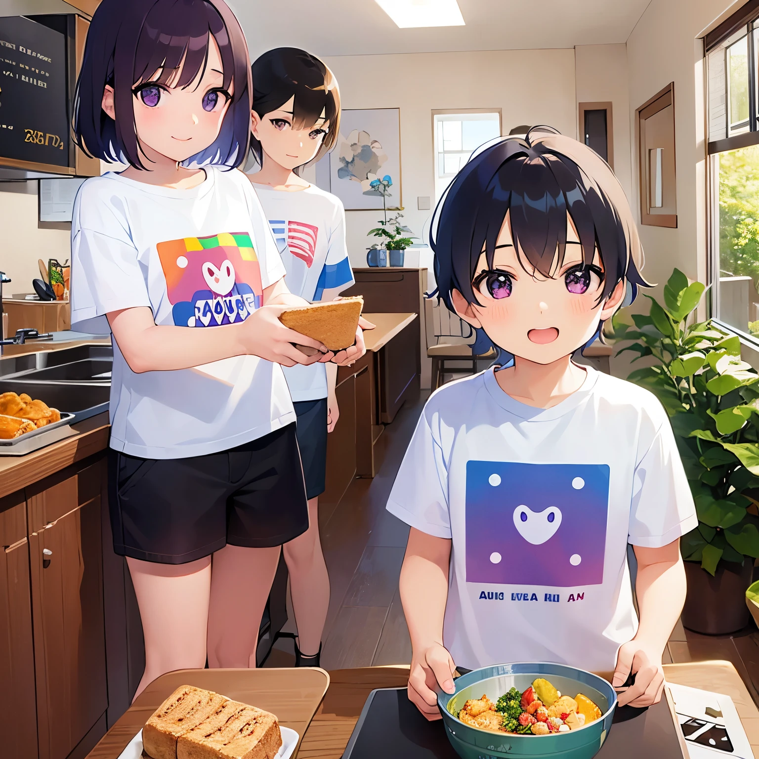 、masterpiece、highest quality、 (Short hair with brown bangs) and (Purple eyes) and (5 year old boy:1.5)、Boy, (blue) and (T-Shirts)、smile、open mouth, Are standing、The background is the living room、The upper body is shown、Alone、