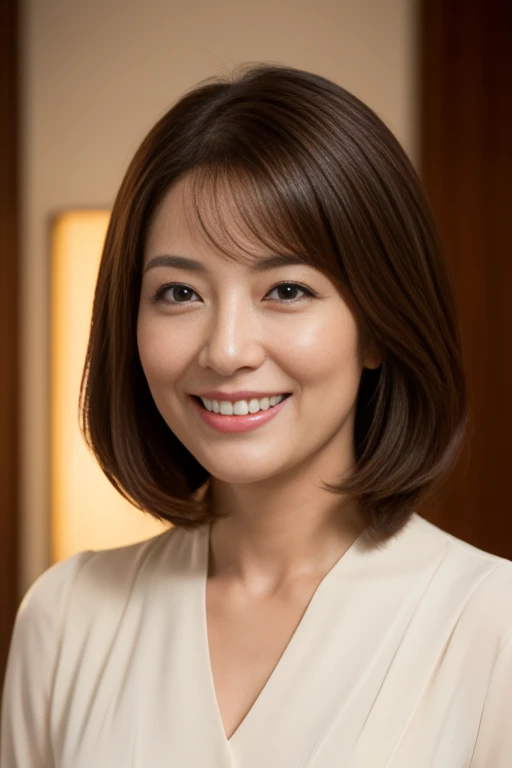Masseter Film, highest quality, masterpiece, High resolution, realism, Original photo, 8k wallpaper, perfection, Professional Lighting, Very detailed, Written boundary depth, ((Beautiful woman)), ((Sexy 40 year old woman in red)),, ((smile)), Detailed face, Beautiful Eyes,, bangs, A photo of your face, (sexy look), Voluminous long brown hair, (Thick lips), View your viewers