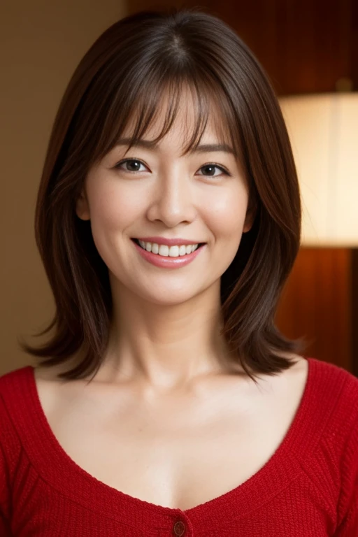 Masseter Film, highest quality, masterpiece, High resolution, realism, Original photo, 8k wallpaper, perfection, Professional Lighting, Very detailed, Written boundary depth, ((Beautiful woman)), ((Sexy 40 year old woman in red)),, ((smile)), Detailed face, Beautiful Eyes,, bangs, A photo of your face, (sexy look), Voluminous long brown hair, (Thick lips), View your viewers