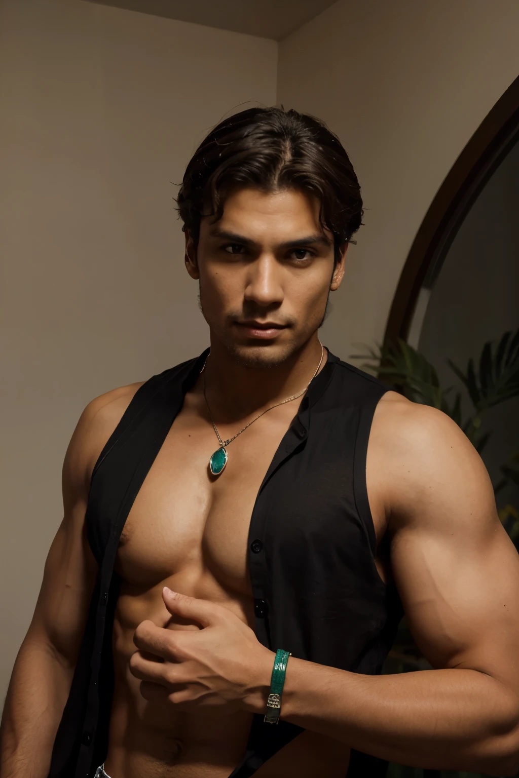 Hombre alto, delgado y musculoso de piel bronceada, marked and angular cheekbones. Cabello negro hasta los hombros con entradas. Viste una camisa con el pecho descubierto y un brazalete de "jade y plata" en su brazo izquierdo y un brazalete de "hierro negro y rubi" en su brazo derecho.