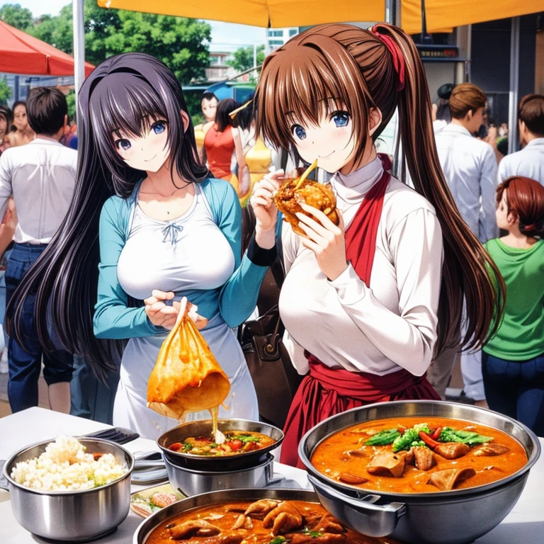 A brown-haired woman in a tank top and hot pants eating massaman curry at a food stall　Tight clothing　Massaman curry 1.5 