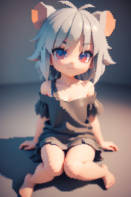 voxels,(3d big pixel art),(3d pixel art),chibi,large pixels,solo,1girl,chibi,cute,kawaii,,gray hair,hair floating,white skin,tunned skin,ripped clothes,gray shirts,bikini,red eyes,big eyes,mouse ear,breast,smirk,sitting,(3d pixel art),(3d pixel art),(3d pixel art),simple background,triangle cheese