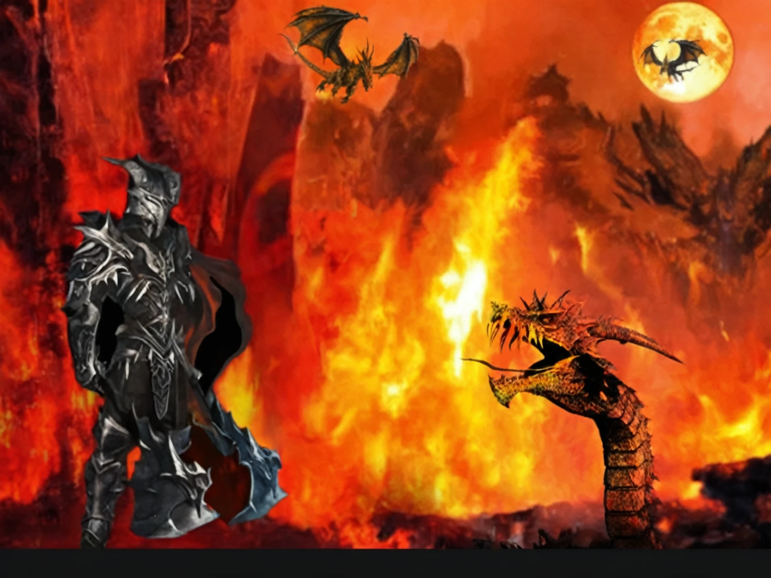 there is a man in armor standing in front of a fire, hellfire background, lord of cinder, hell background, the devil in hell as a dragon, wrath flame and ruin, flame conjuring armored, alduin, deathwing, burning battlefield background, the final battle in hell, darksiders halloween theme, dragon in the background, ruler of inferno