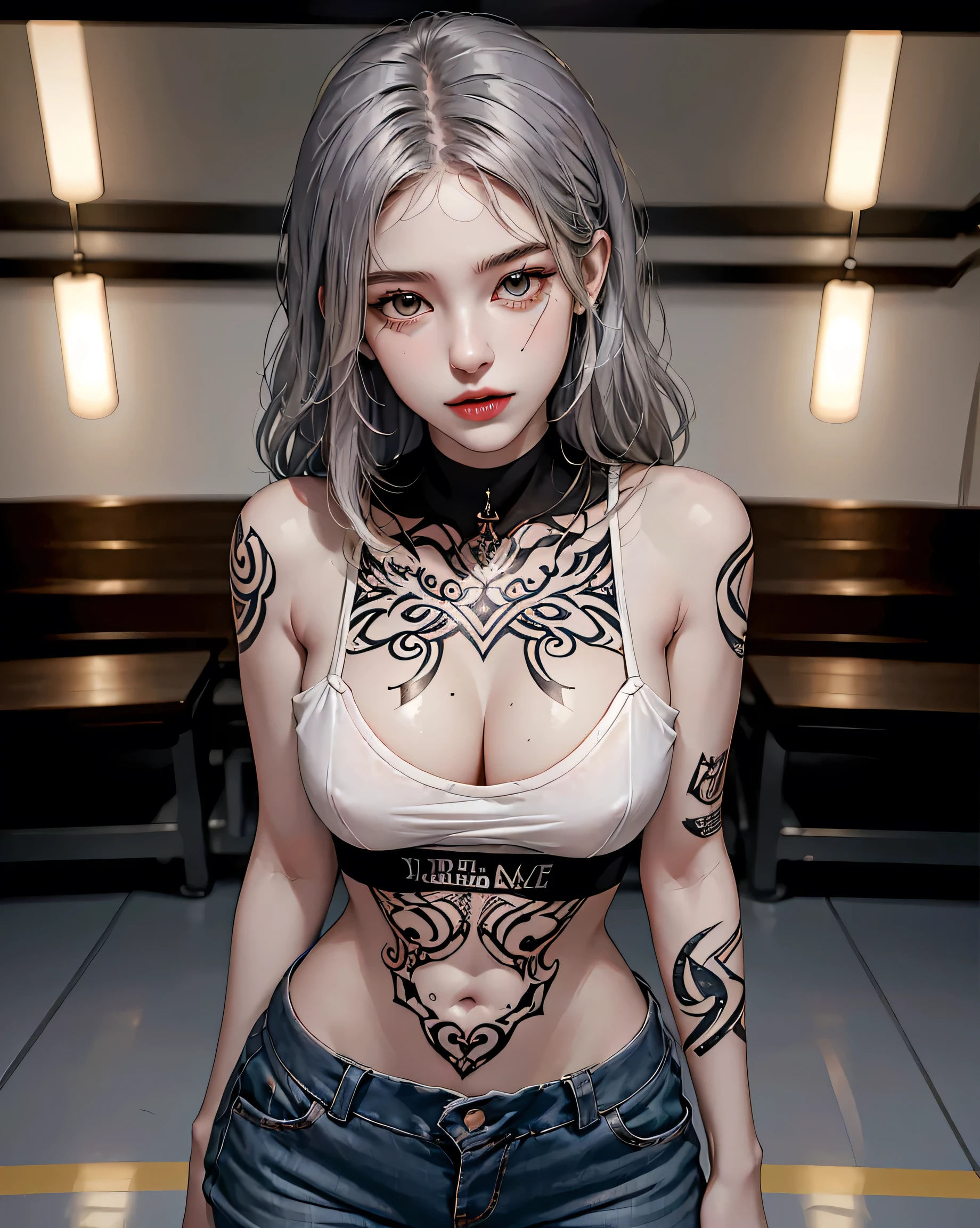 (Browsing Caution:0.7), Perfect Style, Beautiful Face, Highly detailed face and skin texture, (Maximum resolution: 1.2), 1 female,Hip Up, jewelry, (((He has many tattoos all over his body)), Streetwear, Play sports often, Silver Hair, panties, sneakers, (((Tight waist))), ((Big Breasts)),(See-through)