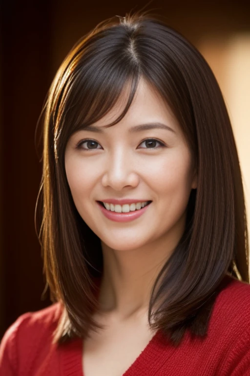Masseter Film, highest quality, masterpiece, High resolution, realism, Original photo, 8k wallpaper, perfection, Professional Lighting, Very detailed, Written boundary depth, ((Beautiful woman)), ((Sexy 40 year old woman in red)),, ((smile)), Detailed face, Beautiful Eyes,, bangs, A photo of your face, (sexy look), voluminous long brown hair, (Thick lips), View audience
