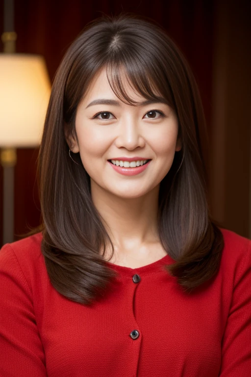 Masseter Film, highest quality, masterpiece, High resolution, realism, Original photo, 8k wallpaper, perfection, Professional Lighting, Very detailed, Written boundary depth, ((Beautiful woman)), ((Sexy 40 year old woman in red)),, ((smile)), Detailed face, Beautiful Eyes,, bangs, A photo of your face, (sexy look), voluminous long brown hair, (Thick lips), View audience