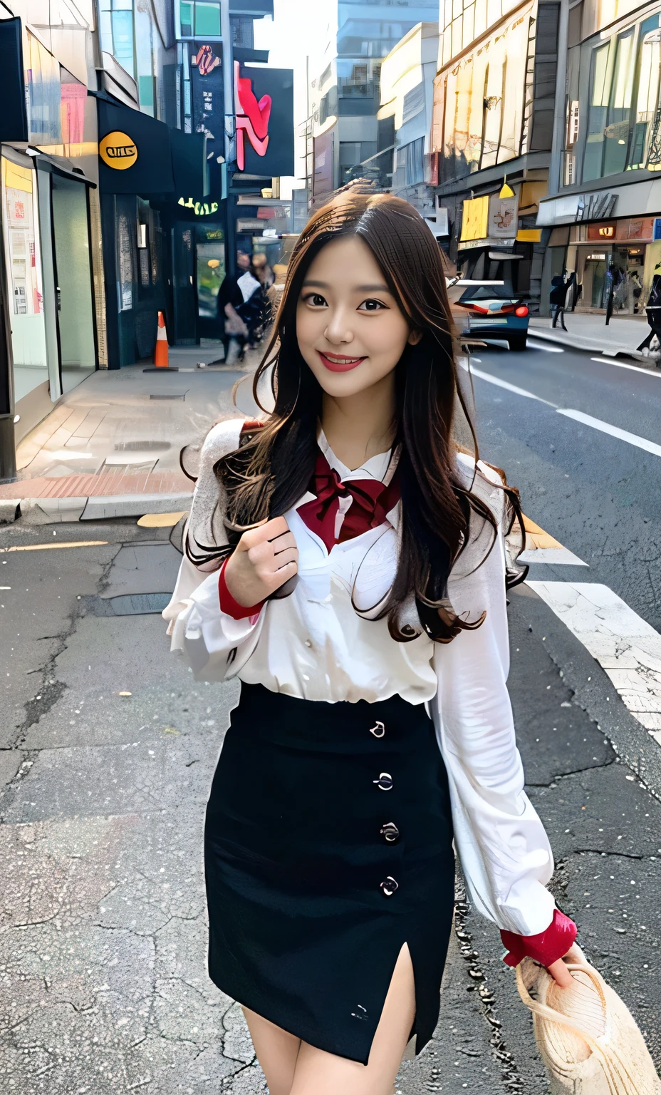 Ulzzang-6500-v1.1, (RAW Photos:1.2), (Realistic:1.4), Beautiful detailed girl, Very detailed eyes and face, Beautiful fine details, Beautiful legs、Ridiculous, Incredibly Ridiculous, Large file size, Super detailed, High resolution, Very detailed, highest quality, masterpiece, Kemomimi,(,Mermaid Skirt、) Face Light, Cinema Lighting, 1 girl, (smile), (Seductive poses))), Full length portrait of a high school girl standing in a bright city street。。She is wearing black loafers on her feet.、The shoes are clearly visible in the bright sunlight.。Cafe。Her expression is positive and confident。