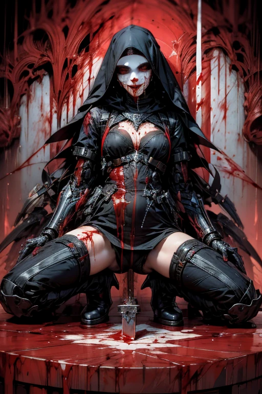 (masterpiece:1.1), (best quality:1.1), (flat colors:1.2), BREAK,
(dark fantasy:1.1), (red theme:1.1), BREAK,
(solo:1.2), (full body pose:1.0), (High heel boots:1.5), (dynamic:1.0), (nun:1.1), (bio mechanical:1.0), (cybernetic parts:1.1), (large breasts:1.0), (tactical vest:1.0), (with buckle and tape:1.0), (mouth mask:1.0), (make a blood sacrifice:1.8), (Skulls on the ground), Oil on canvas, In the artstyle of HR Giger