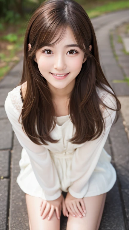 Brown Hair,Medium Hair,20-year-old female, Small nose, With the correct face, Cute natural smile, Japanese facial features, A clean and cute face, Cute realistic portrait, Asian Face, 8K Photo, Soft Makeup,Natural skin texture,Raw photo,highest quality,Full Body Shot,(from above:1.1),Spread legs