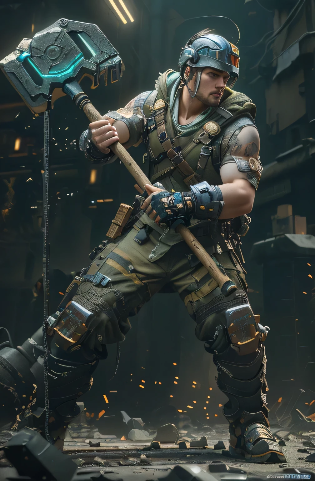 Hold a hammer、Arav man wearing a helmet, 3D Rendering Character Art 8K, Roland Zirvinskis 3D Rendering Art, arnold 3d render, arnold 3d render, Arnold Maya Rendering, octane. Popular on artstation, cyberpunk gladiator, octane photoreal 3 d render, fantasy character octane render, Character Art Opposite