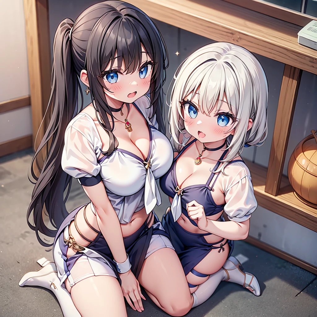 highest quality,wonderful,finely,extremely detailed CG Unity 8K wallpaper, (Stand in line:1.2), (3 girls, cute eyes, Black Hair, side ponytail, clothed), (sparkling eyes:1.2), (huge breasts), (wariza:1.4), (cleavage), (midriff peek:1.2), (open mouth:1.1), (long tongue:1.1), (mouth drool:1.1), (black stockings:1.1),(Thighs:1.2),(Waistline:1.1),(Waistline), (From above:1.4)