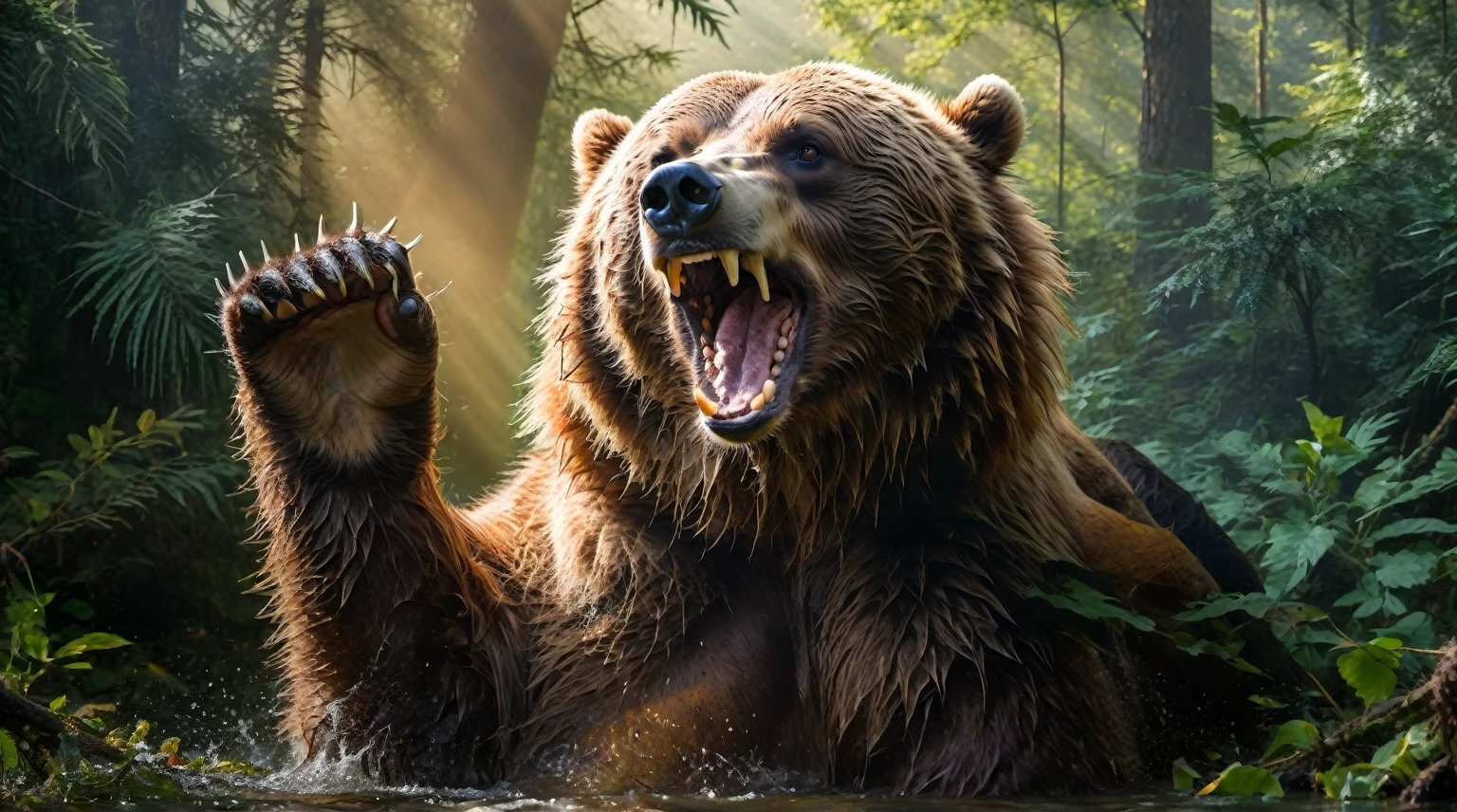 (Best quality,high resolution,Ultra Detailed,major,Studio Lighting,HDR,Bright colors,Clear focus,(1 Brown Bear:1.6),(Black bear roaring angrily)wild animals,Extremely angry expression,Sharp eyes,Strong physique,Real fur,In a jungle environment,lush green vegetation,Sunlight shines through the trees,Intense gaze,A confident posture,Hunting Action,Capturing the power of wildness,wild animals摄影,art,nature,Touching,charming,application,Monochromatic color palette,Spectacular lighting,Contrasting light and shadow,Minimalist composition,A true masterpiece with strong halo background sunlight。
