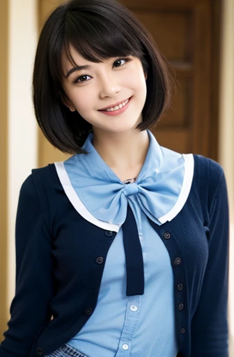 close,Dynamic pose, girl, 20-year-old, Black Hair, short hair,Bobcut, smile,Happy, Big brown eyes, Flat Chest, bow tie,Dark Blue Vest, Long sleeve shirt, Dark blue pleated skirt, indoor,School, ,Attacked by boyfriend,Clothes coming off, Absurd, Very detailed, masterpiece, high quality, wallpaper 8k CG