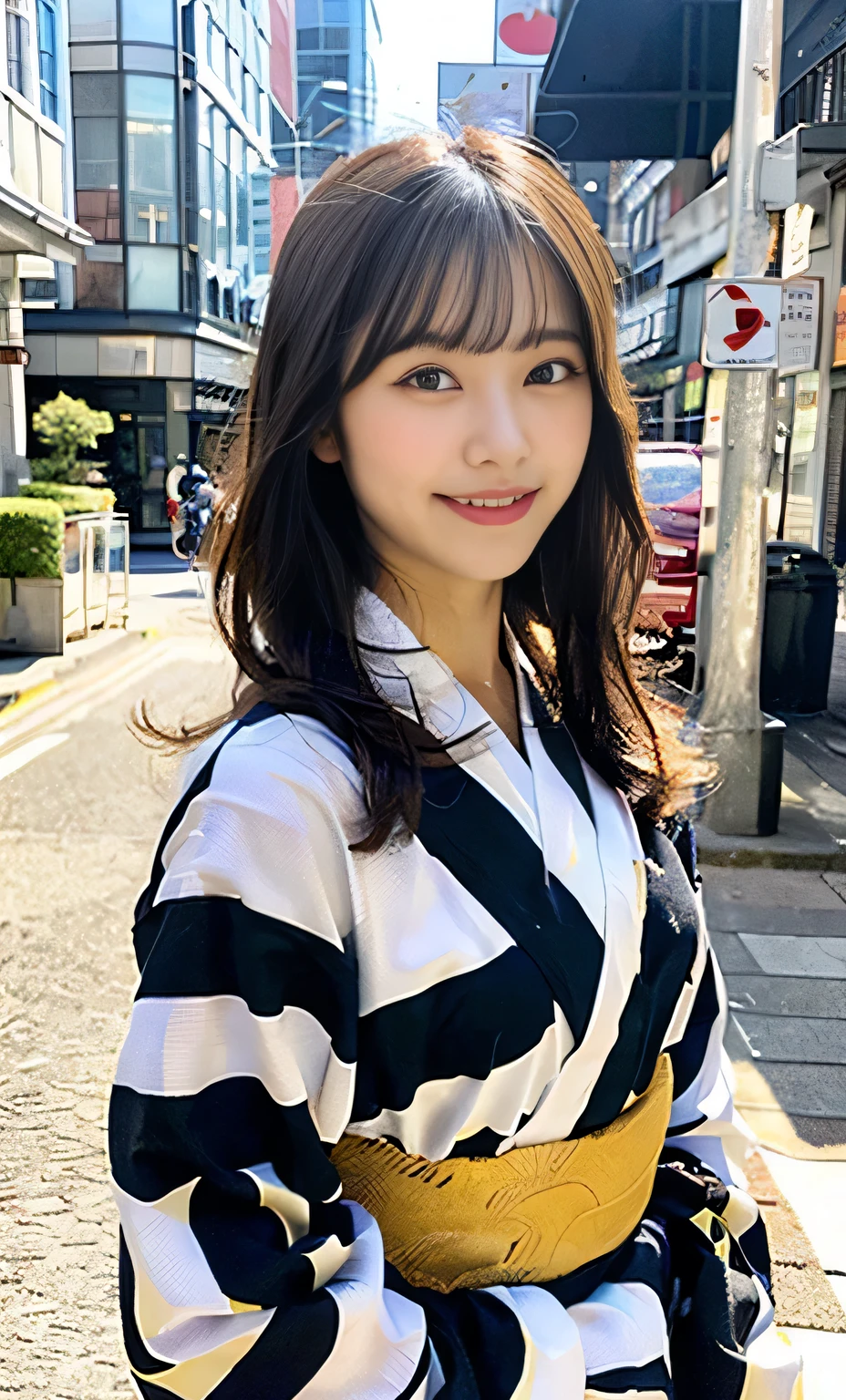 Ulzzang-6500-v1.1, (RAW Photos:1.2), (Realistic:1.4), Beautiful detailed girl, Very detailed eyes and face, Beautiful fine details, Beautiful legs、Ridiculous, Incredibly Ridiculous, Large file size, Super detailed, High resolution, Very detailed, highest quality, masterpiece, Kemomimi,(,Japanese Yukata） Face Light, Cinema Lighting, 1 girl,  (smile), (Seductive poses))), Full length portrait of a high school girl standing in a bright city street。。She is wearing black loafers on her feet.、The shoes are clearly visible in the bright sunlight.。Cafe。Her expression is positive and confident。