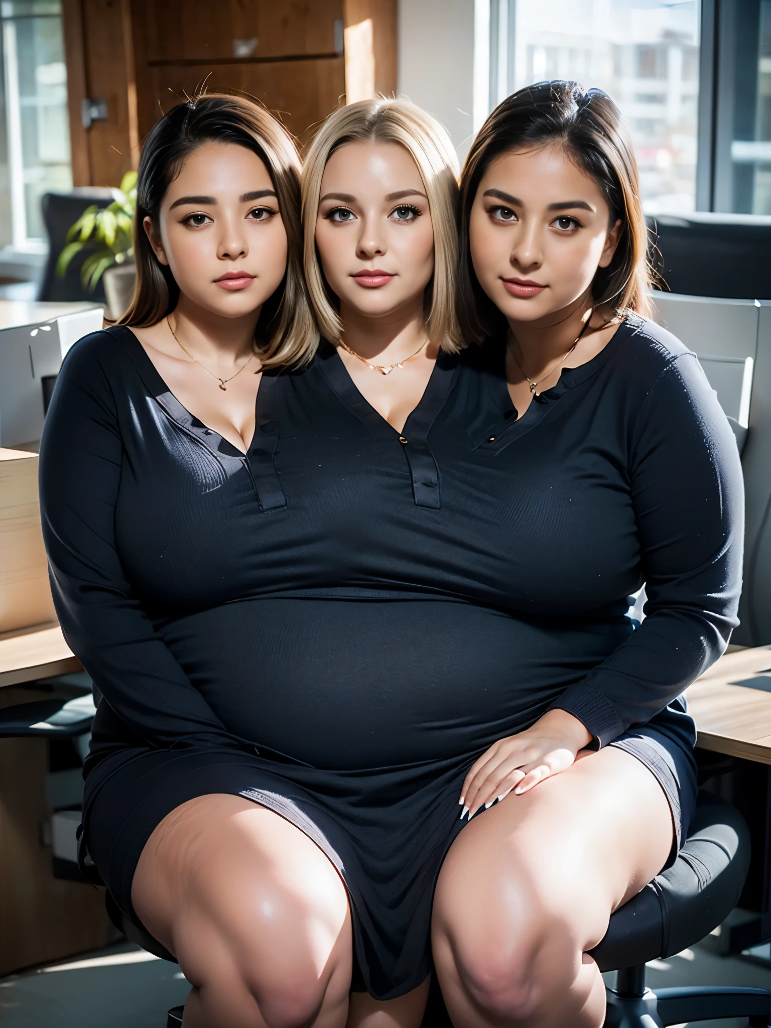 (((3heads))),**Render**: full body, girl, woman, fat 1 person, fat, feminine face, no facial hair, no body hair, (((Dressed like an office worker))), blonde, overweight, thick, cute face, morena, detailed skin, A detailed eye, Rendering in highly detailed 4K resolution,