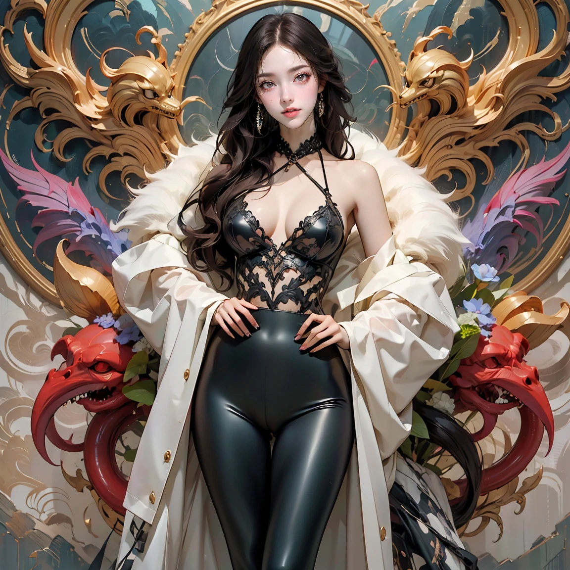 (masterpiece, best quality:1.2)，shiny astride，solo,Anatomically correct，GFAhri，ezh, 1beautiful girl, long hair,smile,barefoot,lace,Carved and hollowed out shiny leggings, blush,breasts,cleavage,large breasts,lips,long hair,smile,toenails,) femdom,hetero,(rich background, film shooting, depth of field, Super visual, The art of HR Giger and Beksinski comes together in this detail, Grim, skeletons:1.5，Flowing saliva:1.5，Bare brains on the wall，beauitful , mucus:1.5，A large number of homogeneous species:1.5，Psychedelic background，Dark horror scene. Sharp images, Use edge lights to render at 8K resolution, Lovecraft's tentacles, Surreal and dreamlike elements，decaying flesh，supernatural horror,pearl thong