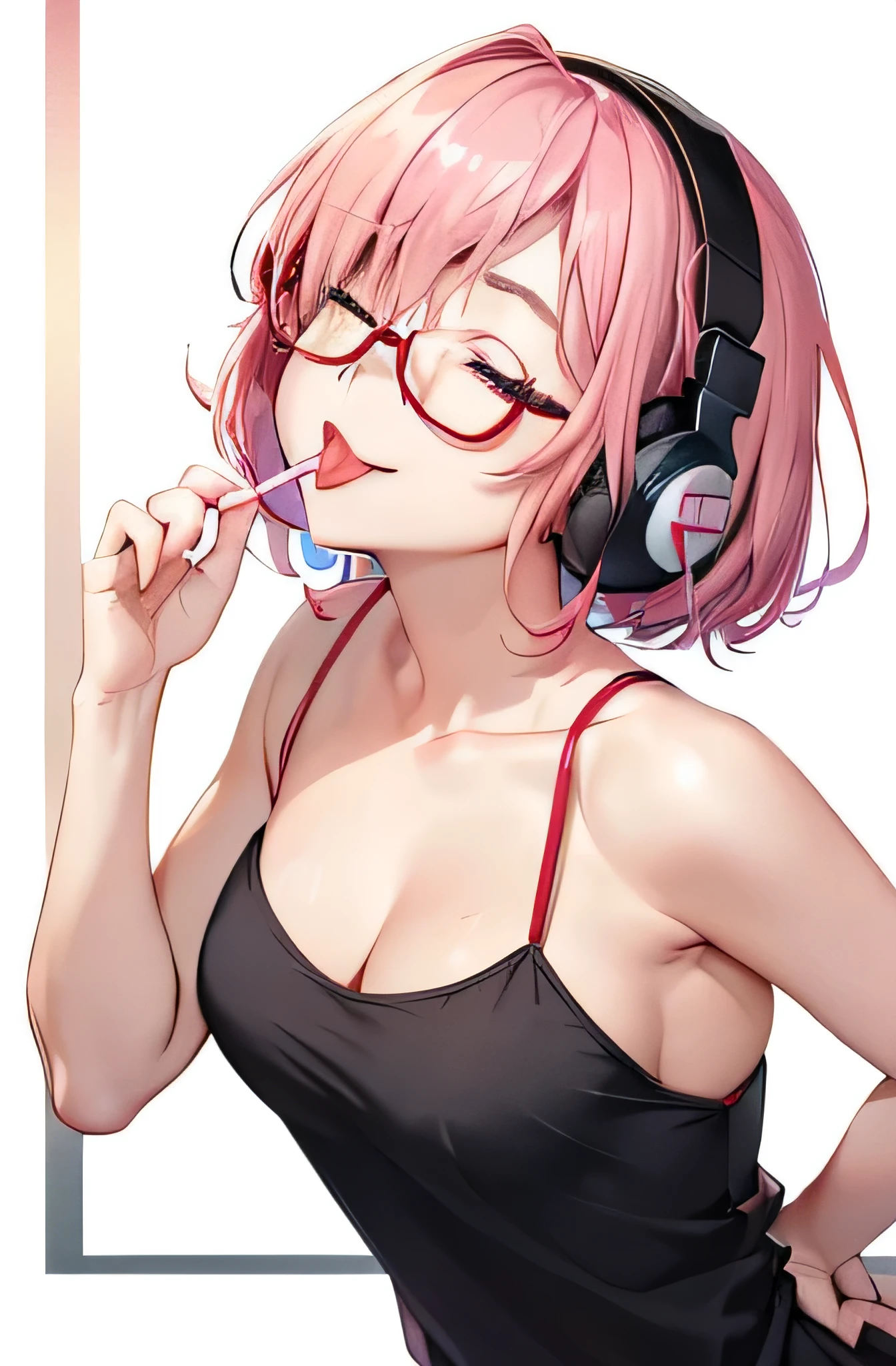 (Top resolution、1gir、Looking at Viewer、Distinct_image)top-quality、one eye closed(((one eye closed)))、Raise your mouth(((Raise your mouth)))、headphones(((headphones)))、piece sign(((piece sign)))、Seductive smile(((Seductive smile)))、tilt your neck at an angle、Lollipop Candy(((Lollipop Candy)))、Wink(((Wink)))、put out the tongue(((put out the tongue)))、Small Devil、Naughty gaze、Hands behind your back(((Hands behind your back)))、Women's masterpieces、ighly detailed、Semi-realistic、(large part of the body)、I always look forward to it(((I always look forward to it)))、missiles_Behind_Back,(((missiles_Behind_Back,)))、Facing up(((Facing up)))、up of face(((up of face)))、Bring your mouth closer(((Bring your mouth closer)))、Red glasses(((Red glasses)))、Kiss Face(((Kiss Face)))、Looking Up(((Looking Up)))、facing front(((facing front)))、Thrust your chin forward(((Thrust your chin forward)))、elf-ears、short-hair、Bob cut pink hair、Bangs Patsun、25-years old、married woman、Face Focus、Face、、blush、pale skin、Curve、Platinum Pink Hair、Pink eyes,Large breasts、Hands behind your back、