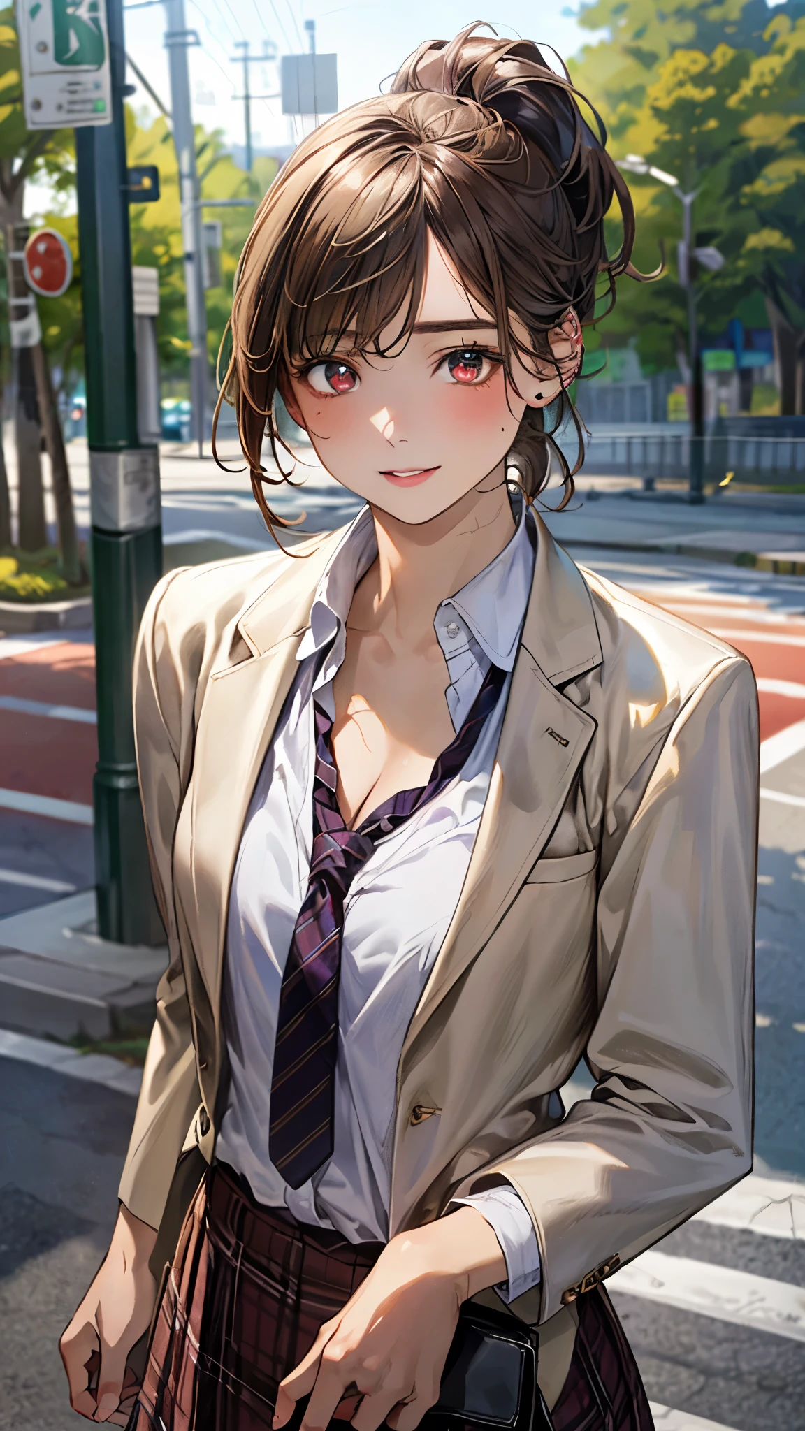 (masterpiece:1.3, top-quality, ultra high resolution, ultra detailed), (realistic, photorealistic:1.4), beautiful illustration, perfect lighting, natural lighting, depth of fields, portrait, 
beautiful detailed hair, beautiful detailed face, beautiful detailed eyes, beautiful clavicle, beautiful body, beautiful chest, beautiful thigh, beautiful legs, beautiful hands, super detailed skin, 
looking at viewer, (face focus, upperbody), 1 girl, high school girl, , old, (pect anatomy, anatomically correct), cute and symmetrical face, babyface, pct face, perfect eyes, 
(short hair, low ponytail:1,2, light brown hair), crossed bangs, (gold eyes), long eye lasher, (medium breasts, juicy thighs, attractive thighs, cleavage:1.0), 
((detailed cloth texture, (brown school blazer), long sleeves white collared shirt, dark red tie, purple plaid skirt), dark brown hair chouchou, finest underwear), dark blue school sheaths, 
(beautiful scenery), evening, (sidewalk, traffic light), (walking), (seductive smile, upper eyes, parted lips), 