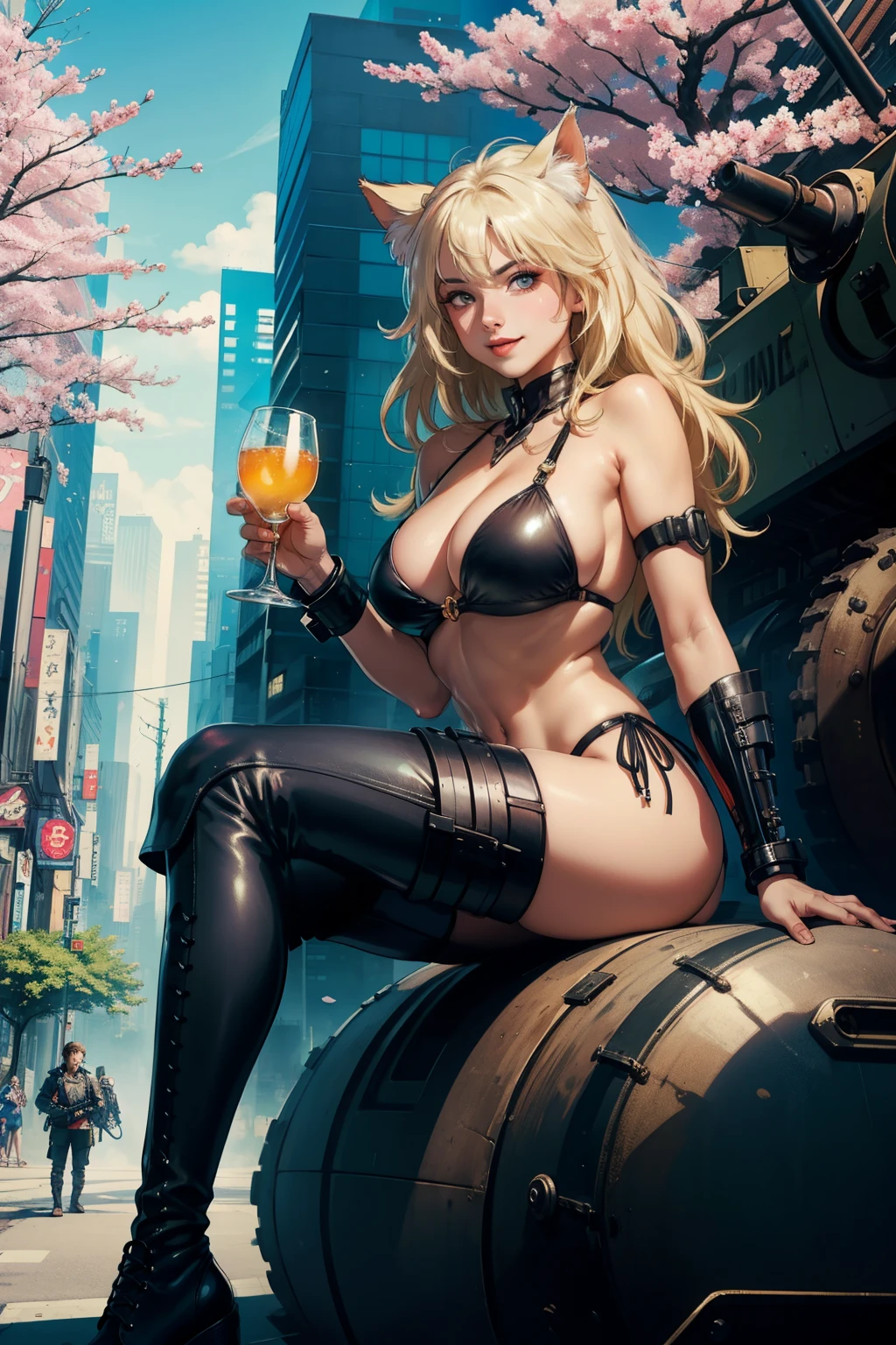 ((highest quality)), ((masterpiece)), (be familiar with), (High definition), 8K, (Accurate), (Realistic), Perfect Face, Cinematic, Best Shadow, (Complex:1.4), 2人のCat ear金髪女性, tall, Cat ear, Blonde Long Hair, Voluminous hair set, Big cleavage, Narrow waist, Big Ass, glamorous, Alluring, Bikini Protector、tactical suit、Combat Boots、Armament、Decadent future world, NEO TOKYO, Two people sitting on top of a large tank and drinking alcohol, (smile), Cherry Blossom Viewing, Cherry tree