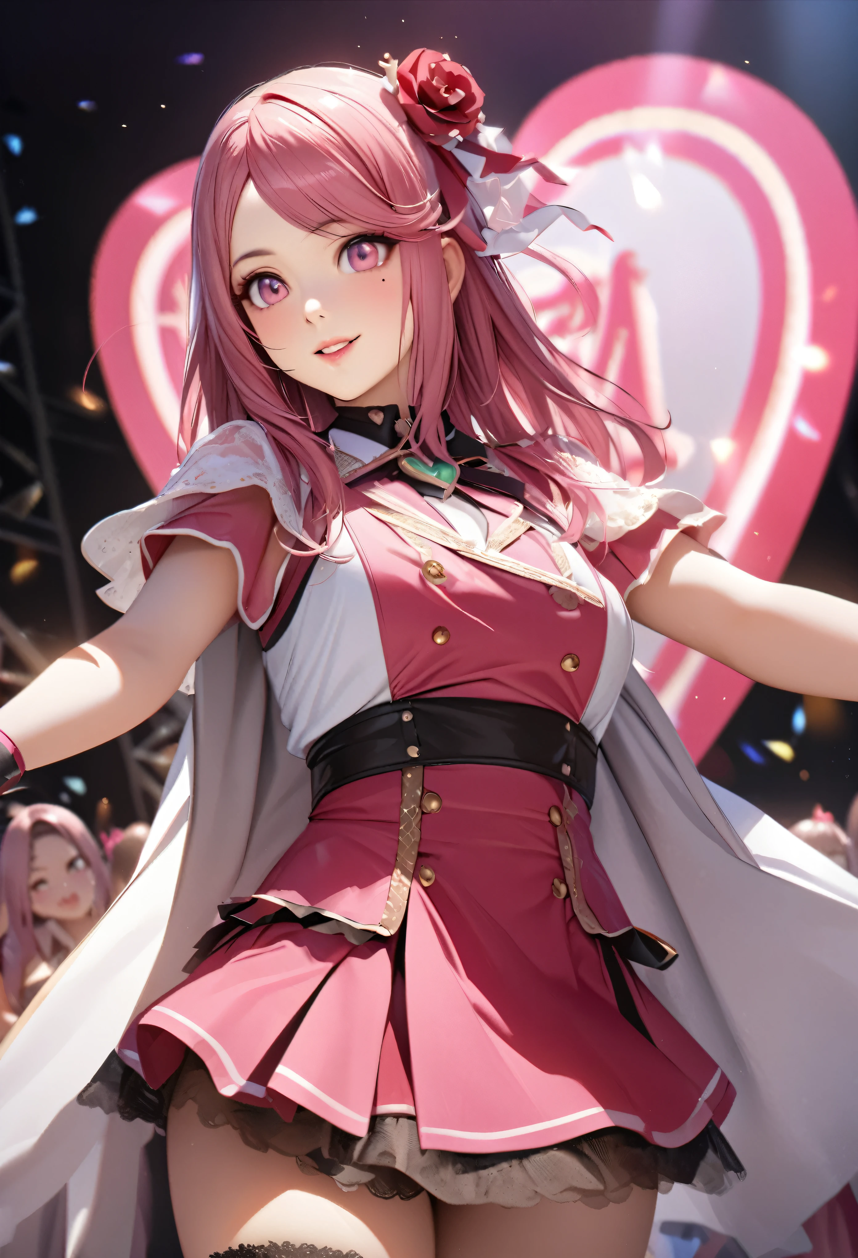 One Girl、Looking at the audience、
Beautiful Pink Eyes、long pink hair、,Mole under the eye、Plump and glossy lips、Heart-shaped choca、Idol、she is name Riko,smile、ー、。.。.。.。.。.。.。.。.。.。.。.。.。.。.。.。.。.。.3D、Realistic、
idol costume、short skirt,Drape clothes、gem、The decoration has been removed、Floral、Lace trim,On the glittering stage、
masterpiece、highest quality、8k、Detailed skin texture、Detailed cloth texture、Beautifully detailed face、Intricate details、Very detailed、
超A high resolution、8K Ultra HD、Film Grain、Best Shadow、delicate、Staring at the audience、front