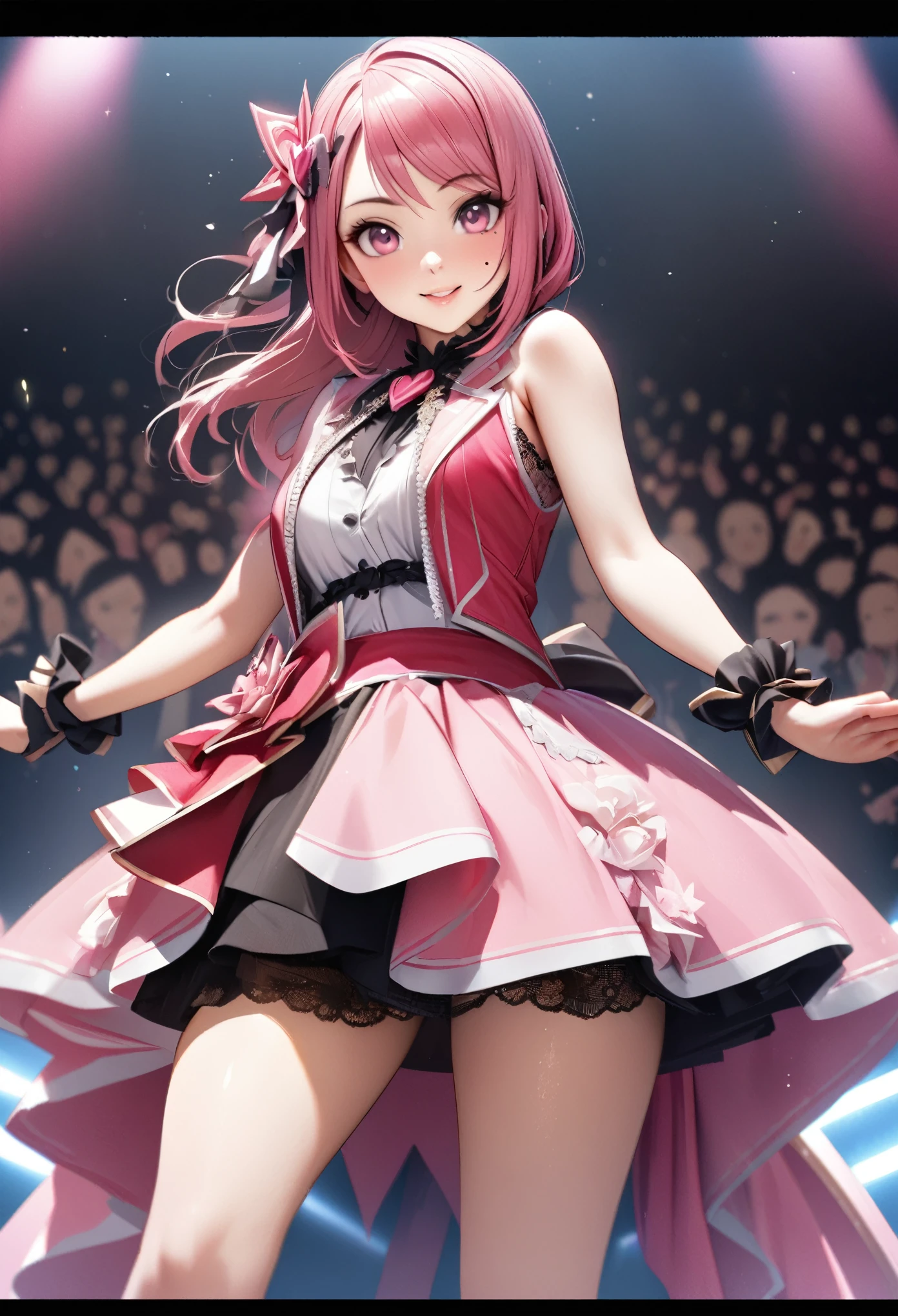 One Girl、Looking at the audience、
Beautiful Pink Eyes、long pink  hair、,Mole under the eye、Plump and glossy lips、Heart-shaped choca、Idol、she is name Riko,smile、ー、。.。.。.。.。.。.。.。.。.。.。.。.。.。.。.。.。.。.3D、Realistic、
idol costume、short skirt,Drape clothes、gem、The decoration has been removed、Floral、Lace trim,On the glittering stage、
masterpiece、highest quality、8k、Detailed skin texture、Detailed cloth texture、Beautifully detailed face、Intricate details、Very detailed、
超A high resolution、8K Ultra HD、Film Grain、Best Shadow、delicate、Staring at the audience、front