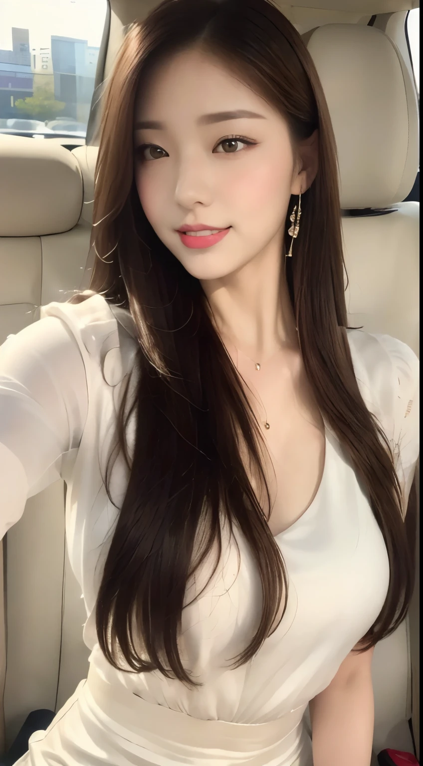 ((highest quality, 8k, masterpiece :1.3)), One girl, Selfie, Open your mouth, Very attractive smile:1.2, Red lipstick:1.2,Slim face, Beautiful woman, Big Breasts:1.3, Highly detailed face, double eyelid,  Blur the background, Slim face, city, sunny, null, nature,Inside the car,While driving,looking at the camera,White loose blouse,Purple tight skirt,(masterpiece: 1.3), (Maximum resolution: 1.4), (Ultra high definition: 1.2), Cinematic Light, Ultra high definition, (Detailed eyesと肌), (Detailed facial features), 8k resolution, Perfect Style, Beautiful expression、Highly detailed face and skin texture、Detailed eyes、Glitter Eyeliner:1.2、Thin cheeks、((Pure white skin:1.4)),Glossy Lips:1.2、((Full Body Shot:1.2)),(Straight Hairstyles、Light brown hair)、One-length long hair、175cm,From above