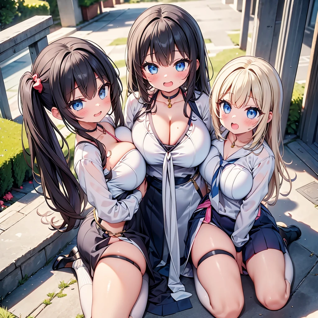 highest quality,wonderful,finely,extremely detailed CG Unity 8K wallpaper, (Stand in line:1.2), (3 girls, cute eyes, Black Hair, side ponytail, clothed), (sparkling eyes:1.2), (huge breasts), (wariza:1.4), (cleavage), (open mouth:1.1), (long tongue:1.1), (mouth drool:1.1), (black stockings:1.1),(Thighs:1.2),(Waistline:1.1),(Waistline), (From above:1.4)