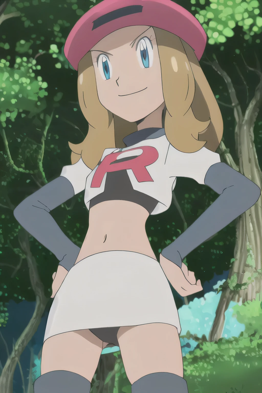 masterpiece, best quality, highres, 1girl, solo, serena (pokemon), pink headwear, red skirt, black shirt, bare shoulders, looking at viewer, closed mouth, solo, night sky, forest, arms behind head, contrapposto, spread armpits, closed mouth, smile, (cowboy shot: 1.3), high quality,8k, masterpiece,highres, team rocket uniform, red letter r, white skirt,white crop top,black thigh-high boots, black elbow gloves, glaring angrily, looking down at viewer, hands on hips, cowboy shot, zettai ryouiki,spread legs,from below, black panties,anime style, vivid colors, sharp focus, intense lighting,