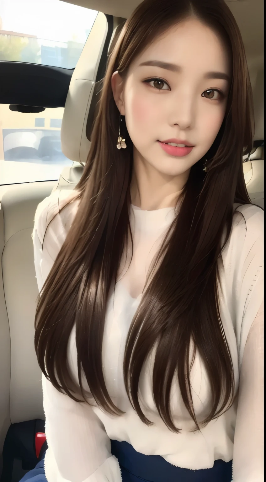 ((highest quality, 8k, masterpiece :1.3)), One girl, Open your mouth, Very attractive smile:1.2, Red lipstick:1.2,Slim face, Beautiful woman, Big Breasts:1.3, Highly detailed face, double eyelid, Blur the background, Slim face, city, sunny, null, nature,Inside the car,While driving,looking at the camera,White loose blouse,Purple tight skirt,(masterpiece: 1.3), (Maximum resolution: 1.4), (Ultra high definition: 1.2), Cinematic Light, Ultra high definition, (Detailed eyesと肌), (Detailed facial features), 8k resolution, Perfect Style, Beautiful expression、Highly detailed face and skin texture、Detailed eyes、Glitter Eyeliner:1.2、Thin cheeks、((Pure white skin:1.4)),Glossy Lips:1.2、((Full Body Shot:1.2)),(Straight Hairstyles、Light brown hair)、One-length long hair、175cm,From above