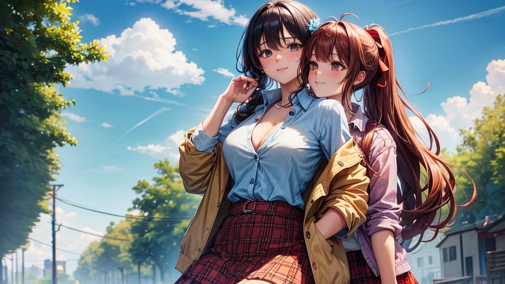 1girl, full body, summer, village, trees, sun, clouds, ((colorful hair)), long hair, curly hair, ponytail, large breasts, button down shirt, ((light blue floral pattern shirt)), ((unbuttoned shirt)), unbuttoning buttons, popping buttons, cleavage 1:3, brown eyes, ((opened denim jacket)), ((red black skirt)), smile, looking at the viewer, touching neck, standng, hair ribbon, golden necklate