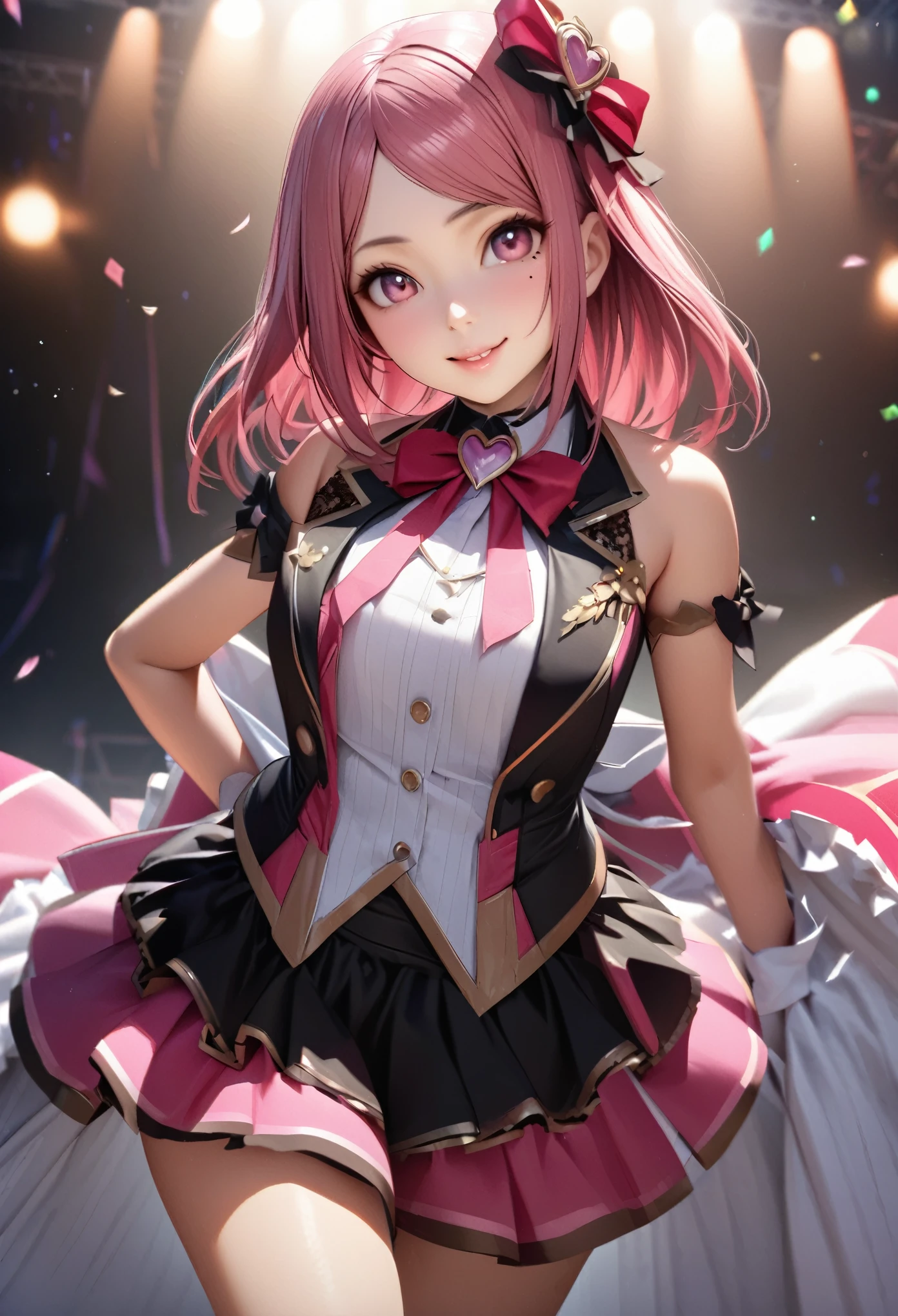 One Girl、Looking at the audience、
Beautiful Pink Eyes、long pink  hair、,Mole under the eye、Plump and glossy lips、Heart-shaped choca、Idol、she is name Riko,smile、ー、。.。.。.。.。.。.。.。.。.。.。.。.。.。.。.。.。.。.3D、Realistic、
idol costume、short skirt,Drape clothes、gem、The decoration has been removed、Floral、Lace trim,On the glittering stage、
masterpiece、highest quality、8k、Detailed skin texture、Detailed cloth texture、Beautifully detailed face、Intricate details、Very detailed、
超A high resolution、8K Ultra HD、Film Grain、Best Shadow、delicate、Staring at the audience、front