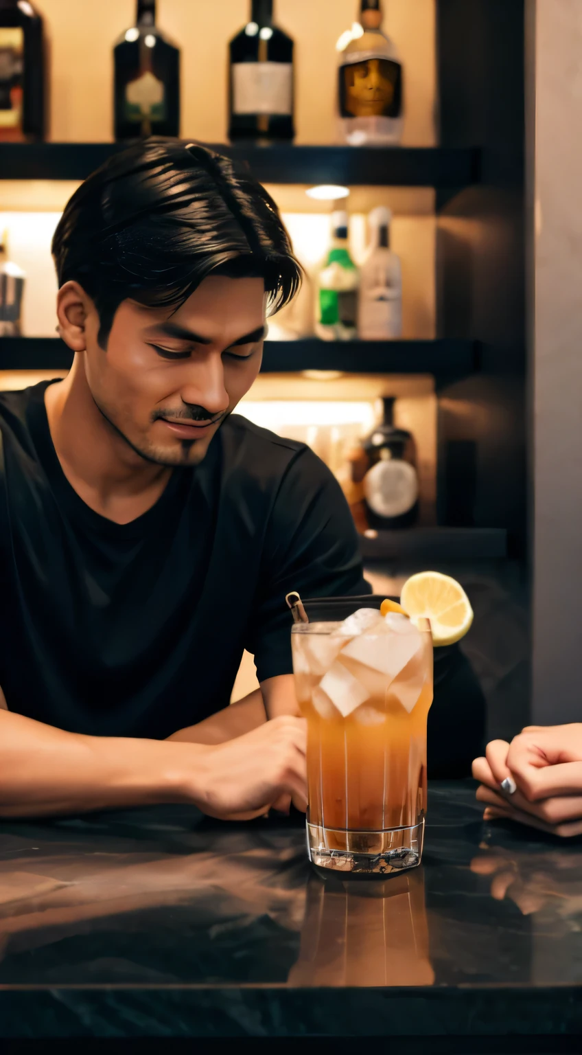 A Taiwanese male and female couple meeting，bar，Drinking a special cocktail，night