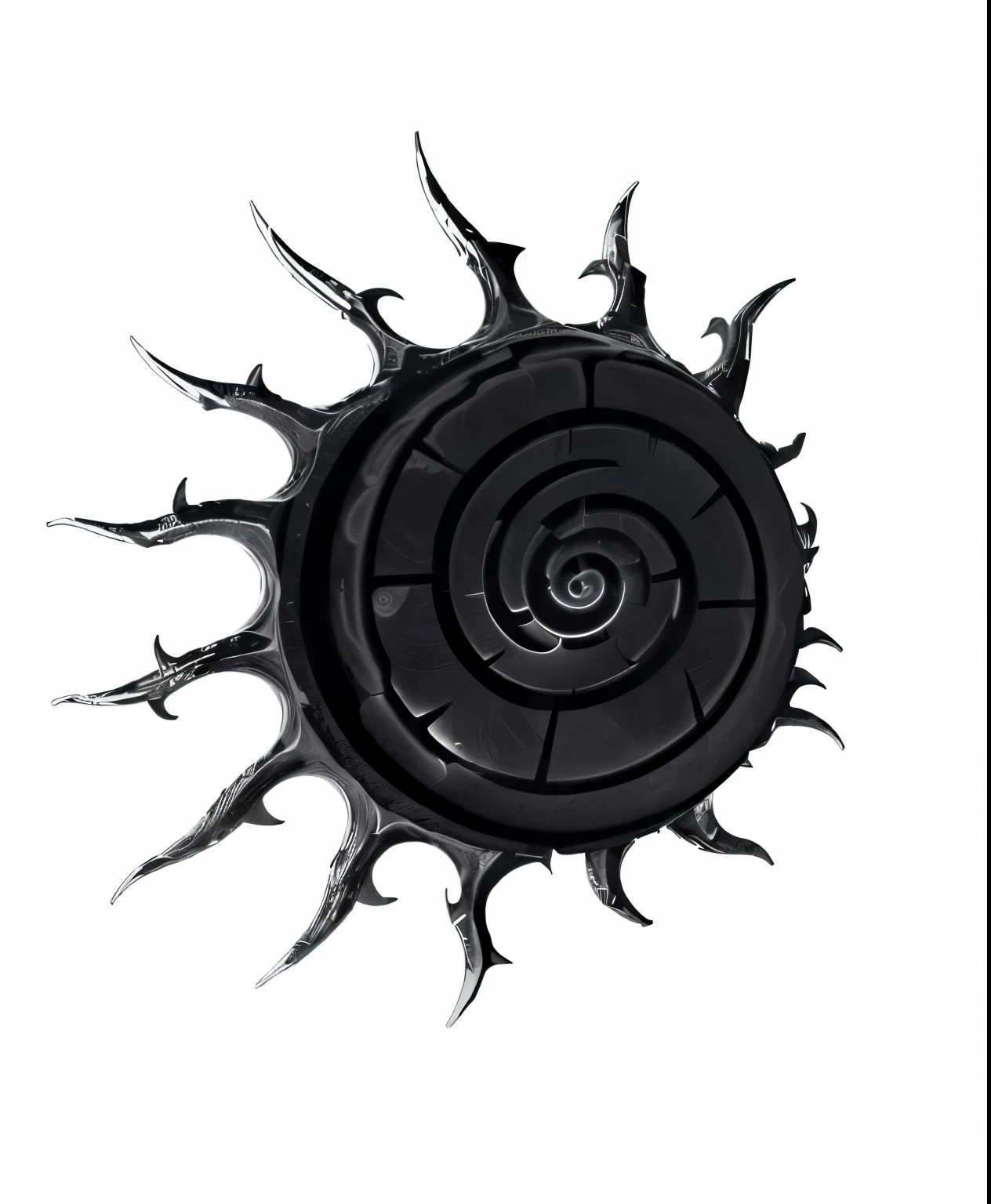 a close up of a black and white picture of a spiral, sprial, dark sun, spiral, fantasy game spell symbol, black sun, whorl, spike shell, huge black glowing sun, the dark sun, ancient symbol behind it, uzumaki, spiralling, fantasy shield, thorn background. d&d, blackhole sun