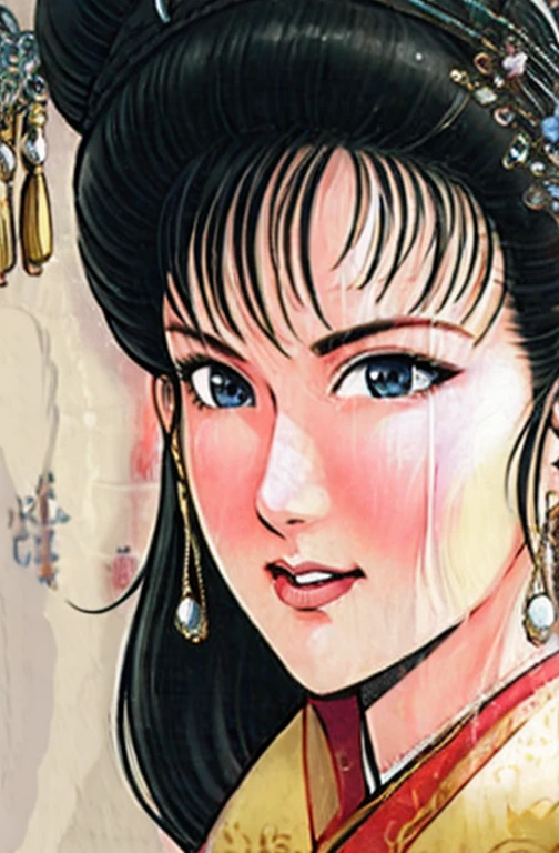 (best quality), (very aesthetic), (ultra-detailed), (best illustration),NSFW,a mature female,Perfect Face,Suikoden,Mrs. Lin,(full_body),big breast,red cheek,(troubled face),Sweating,skinny, chinese traditional clothes,chinese traditional style bed,