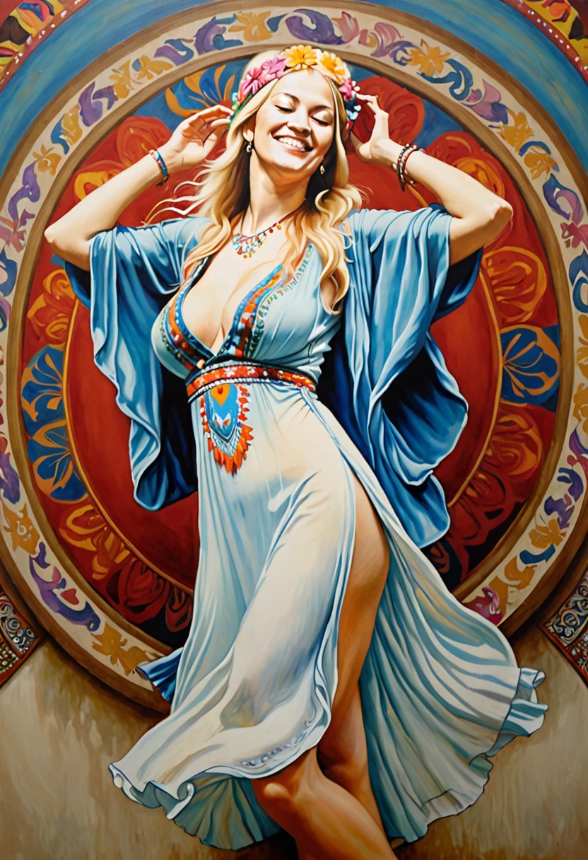 portrait of Guinwen, Guin dancing to the music of Jimi Hendrix, soft skin, blonde hair, friendly, sweet, soft skin, hippie dress, huge breasts, dreaming, slim, face only, realistic oilpainting