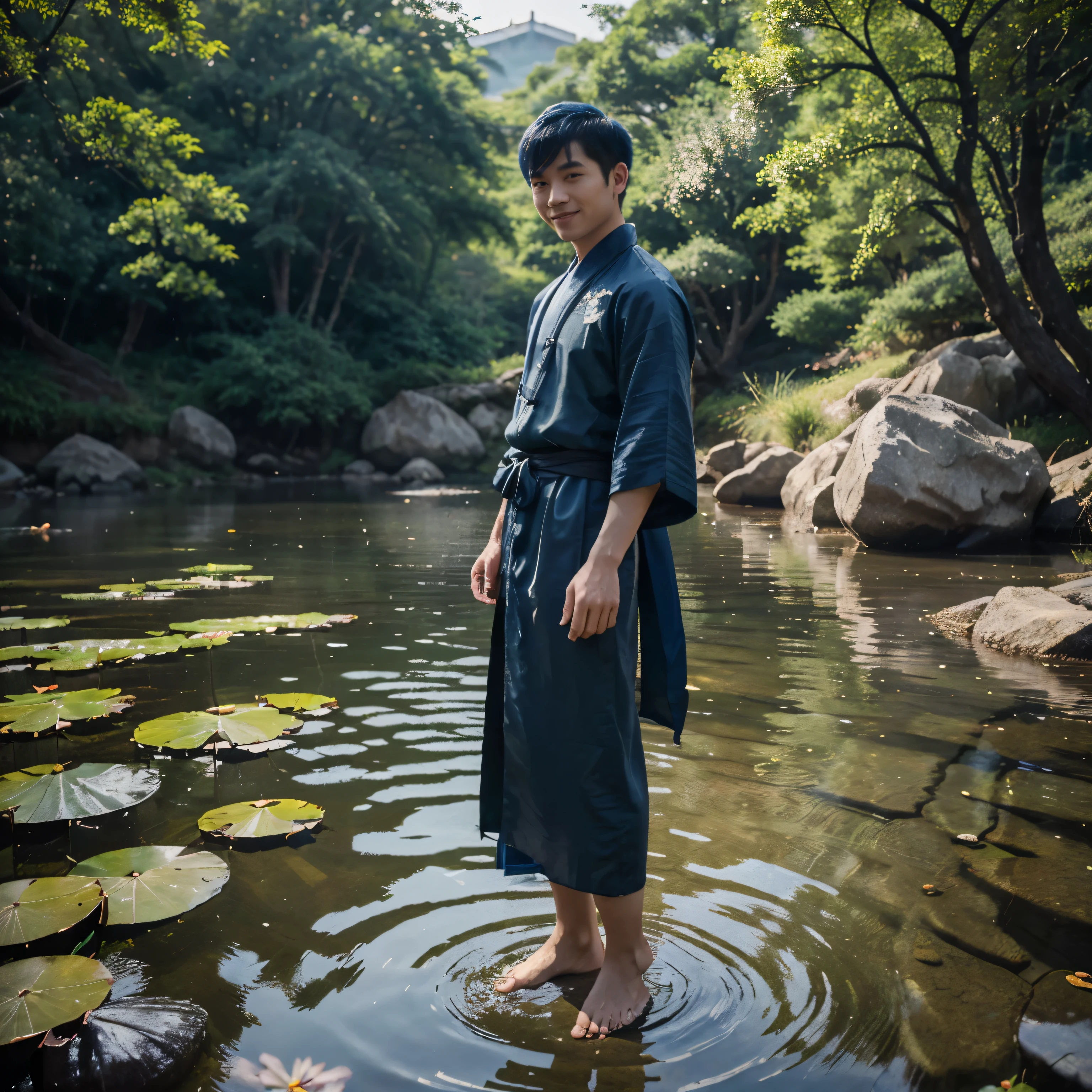 ((4k,masterpiece,best quality)), shuimobysim, traditional chinese ink painting, lotus,  hanfu, maxiskit, outfit conservatively
1 boy, solo, short blue hair, smile, standing, feet in the water, barefoot,
 