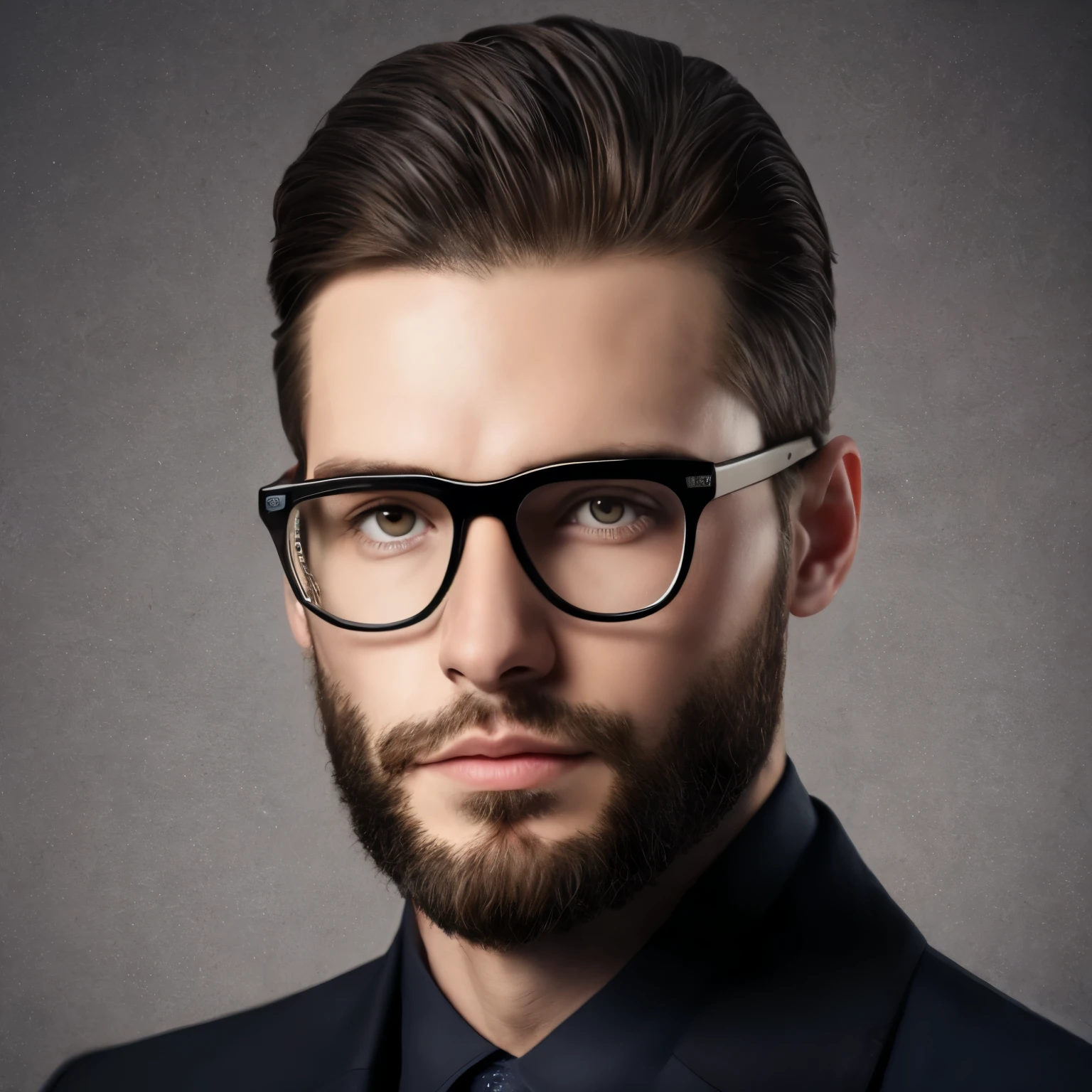 wearing fashionable glasses, Attractive 30-year-old Russian in a Hugo Boss business suit , Beautiful beard , Executive sexy man, terno then, Front camera eyes, portrait mode, perfectly straight in front of the camera,black hair, cinematic lighting, depth of the field, optical , close-up, w/4.0, masterpiece, Super Detail, Textured Leather, Best Quality, 1080P, 16K