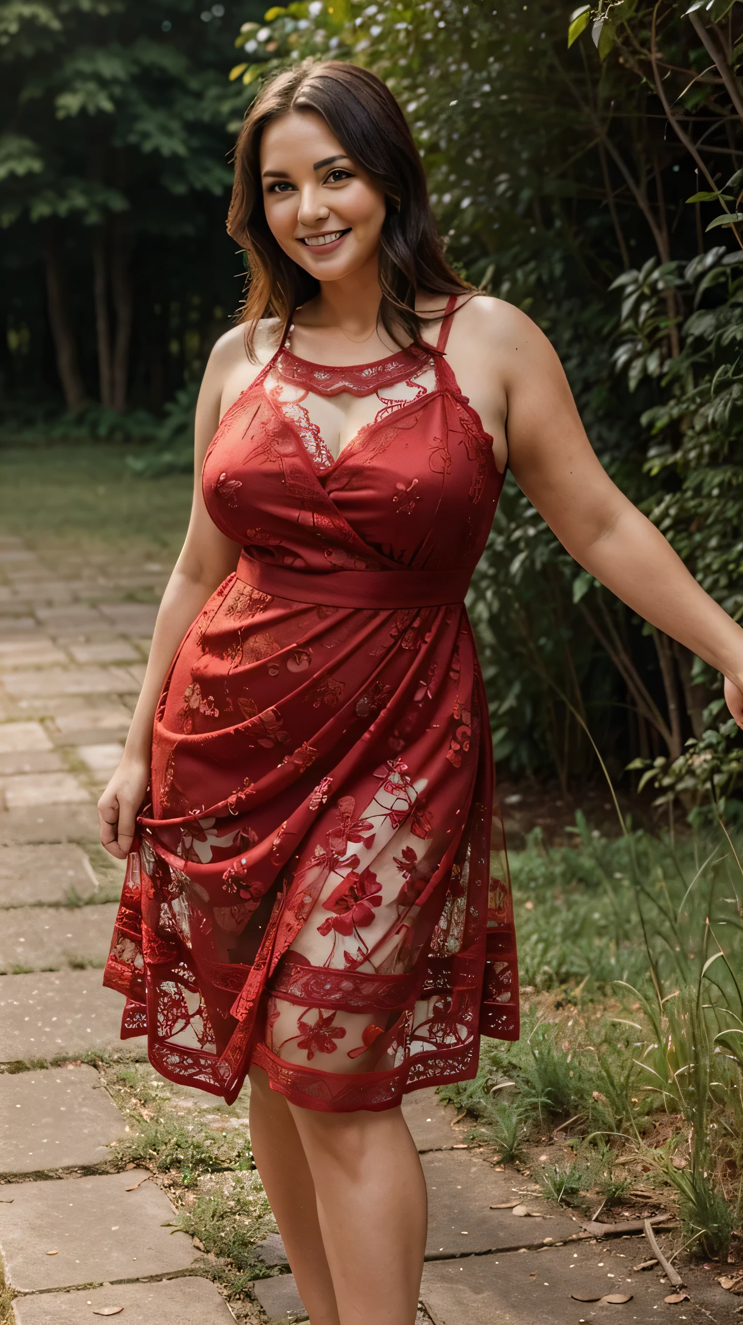 A beautiful and hot almost chubby mature  woman. who is wearing a red floral lace-like dress. And standing in nature. A smiling face