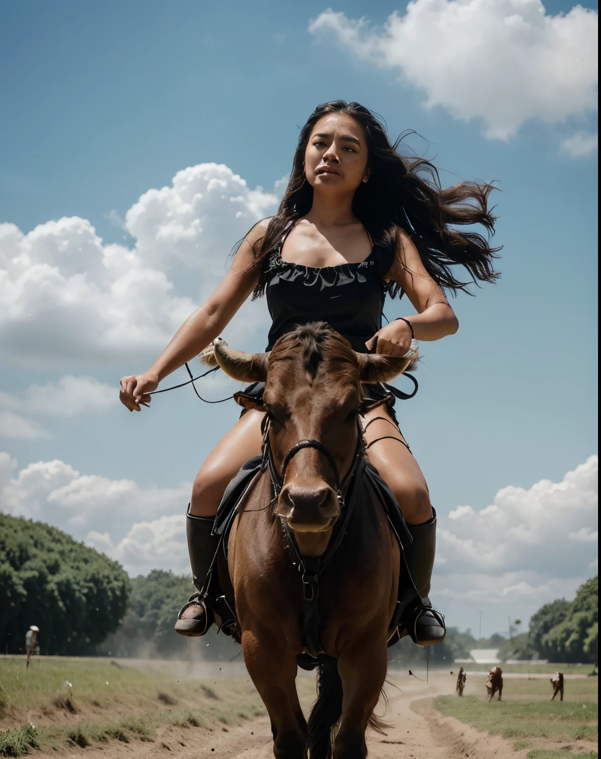 ultra HD, cinematic art, beautiful Indonesian girl in mini black beach outfit riding Big (cow) in summer. run fast. long hair style waving in the wind. serious face and looks very scared. (cow running) wearing a rope. in the field. Midday. cinematic art.