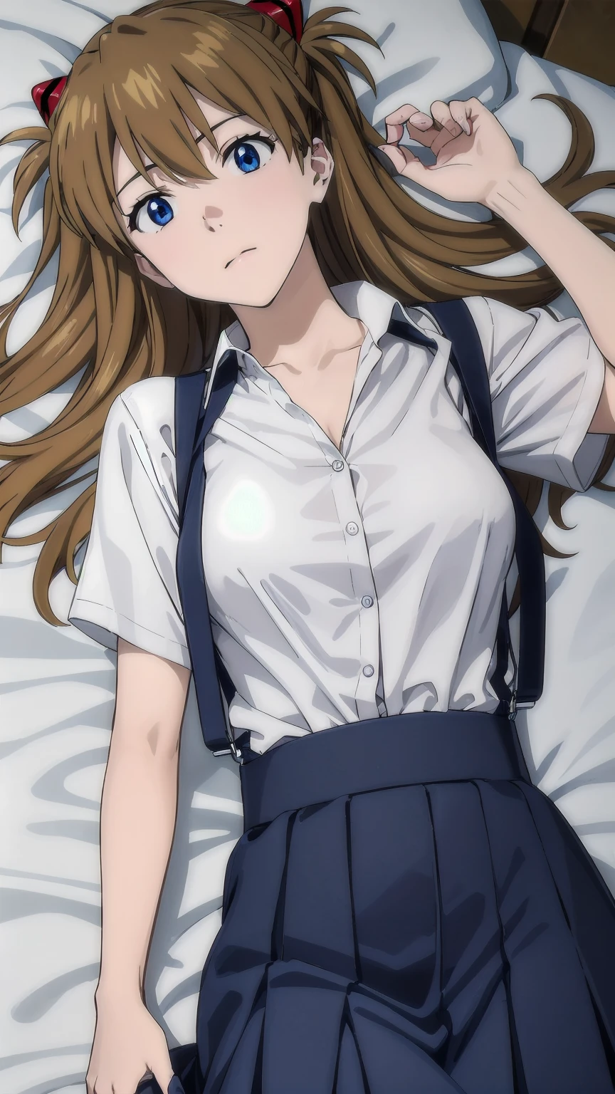 (((Pixel Perfect, Perfect detail))), One Girl, alone, From above, Asuka Langley Soryu, (Soryu Asuka Langley:1.2), Long Hair, bangs, blue eyes, Brown Hair, hair ornaments, skirt, shirt, ribbon, , white shirt, Short sleeve, blue skirt, suspenders, clock, suspender skirt, wristclock, Tokyo 3 Middle , (Lying in bed:1.3), showing panties, (showing panties:1.3), indoor, whole body