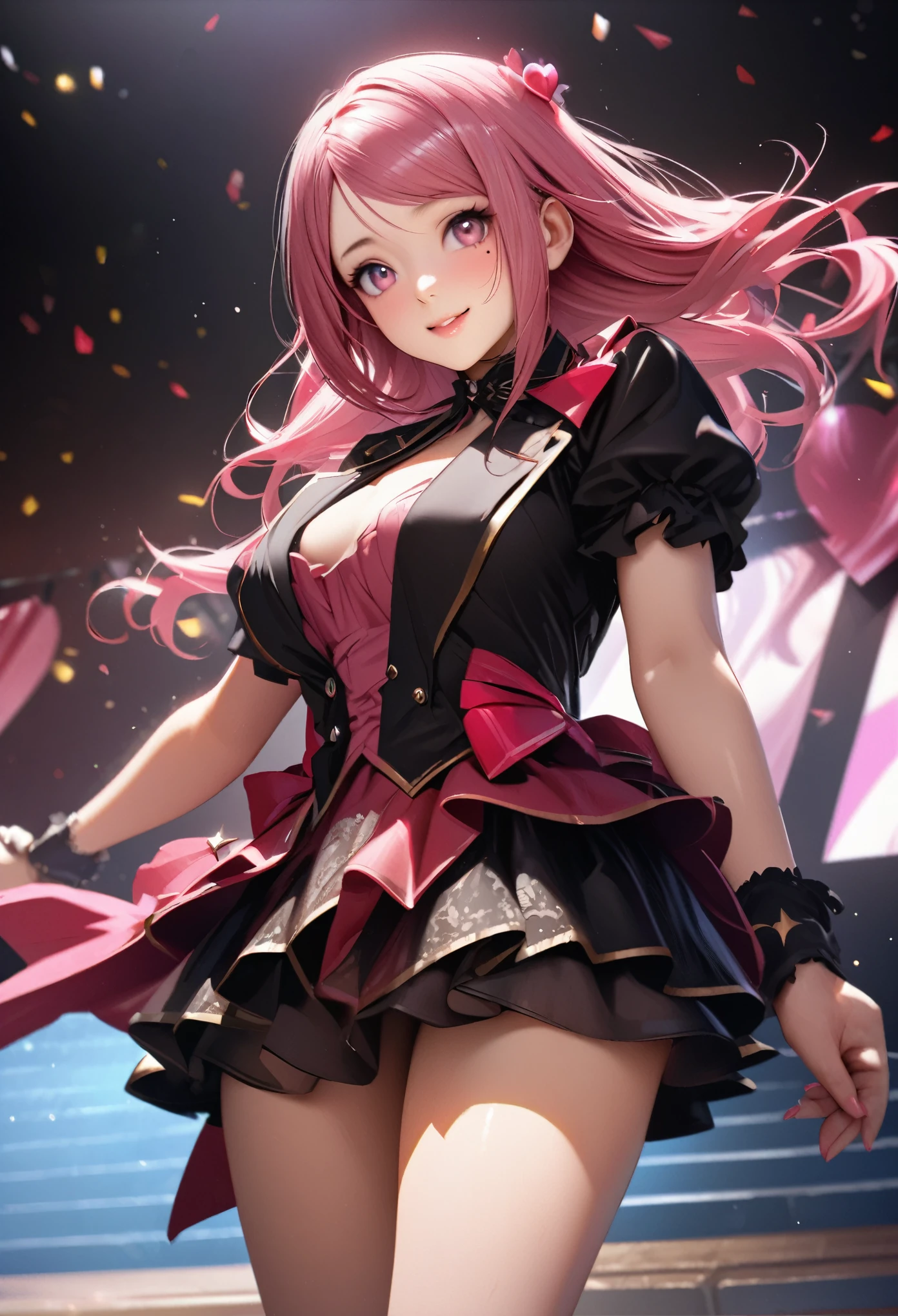One Girl、Looking at the audience、
Beautiful Pink Eyes、long pink  hair、,Mole under the eye、Plump and glossy lips、Heart-shaped choca、Idol、she is name Riko,smile、ー、。.。.。.。.。.。.。.。.。.。.。.。.。.。.。.。.。.。.3D、Realistic、
idol costume、short skirt,Drape clothes、gem、The decoration has been removed、Floral、Lace trim,On the glittering stage、
masterpiece、highest quality、8k、Detailed skin texture、Detailed cloth texture、Beautifully detailed face、Intricate details、Very detailed、
超A high resolution、8K Ultra HD、Film Grain、Best Shadow、delicate、Staring at the audience、front