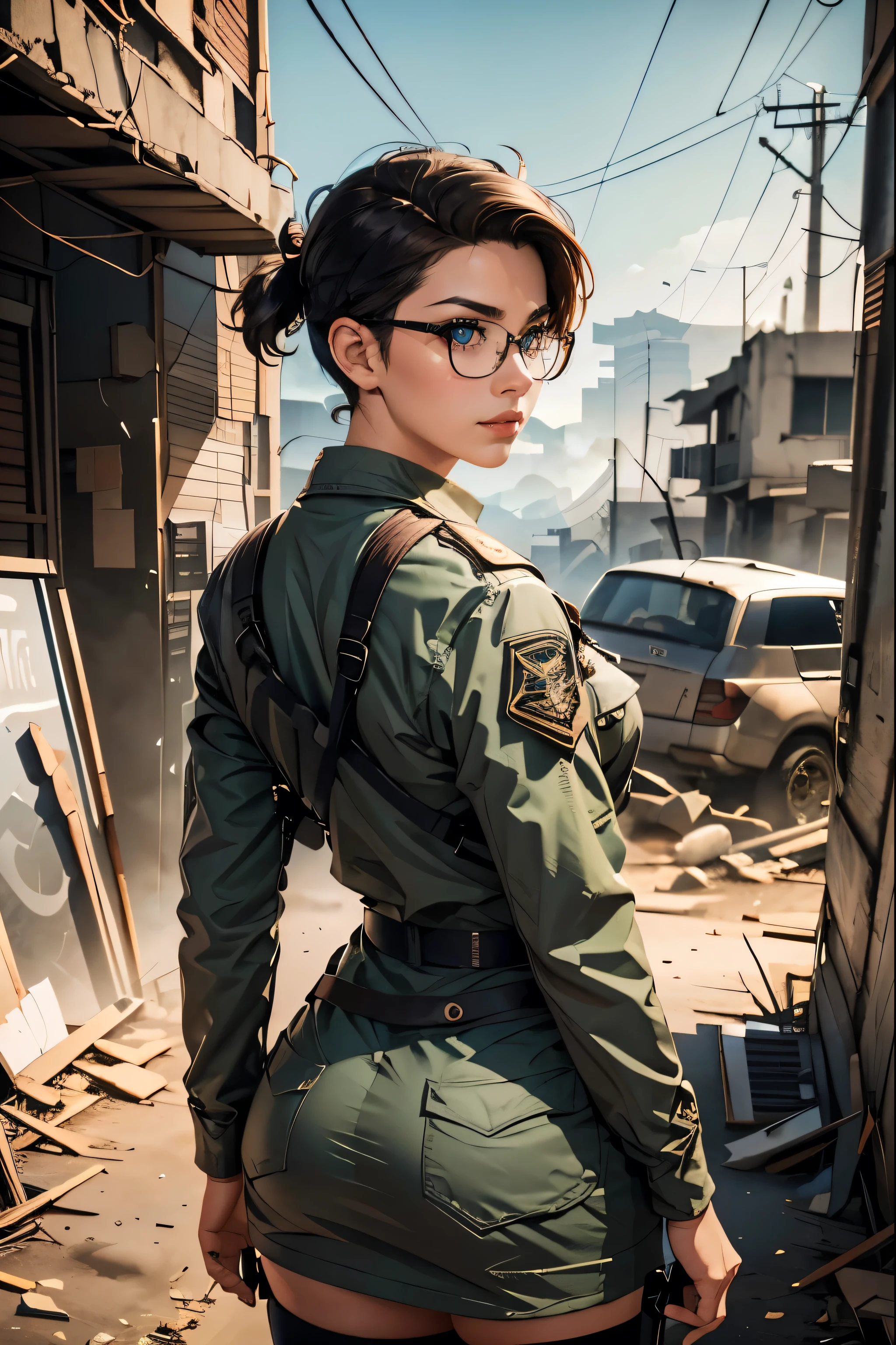 Wide angle, view from behind, a pretty girl messenger, wearing large glasses, undercut hair, wearing postal uniform, in a post-apocalyptic world
