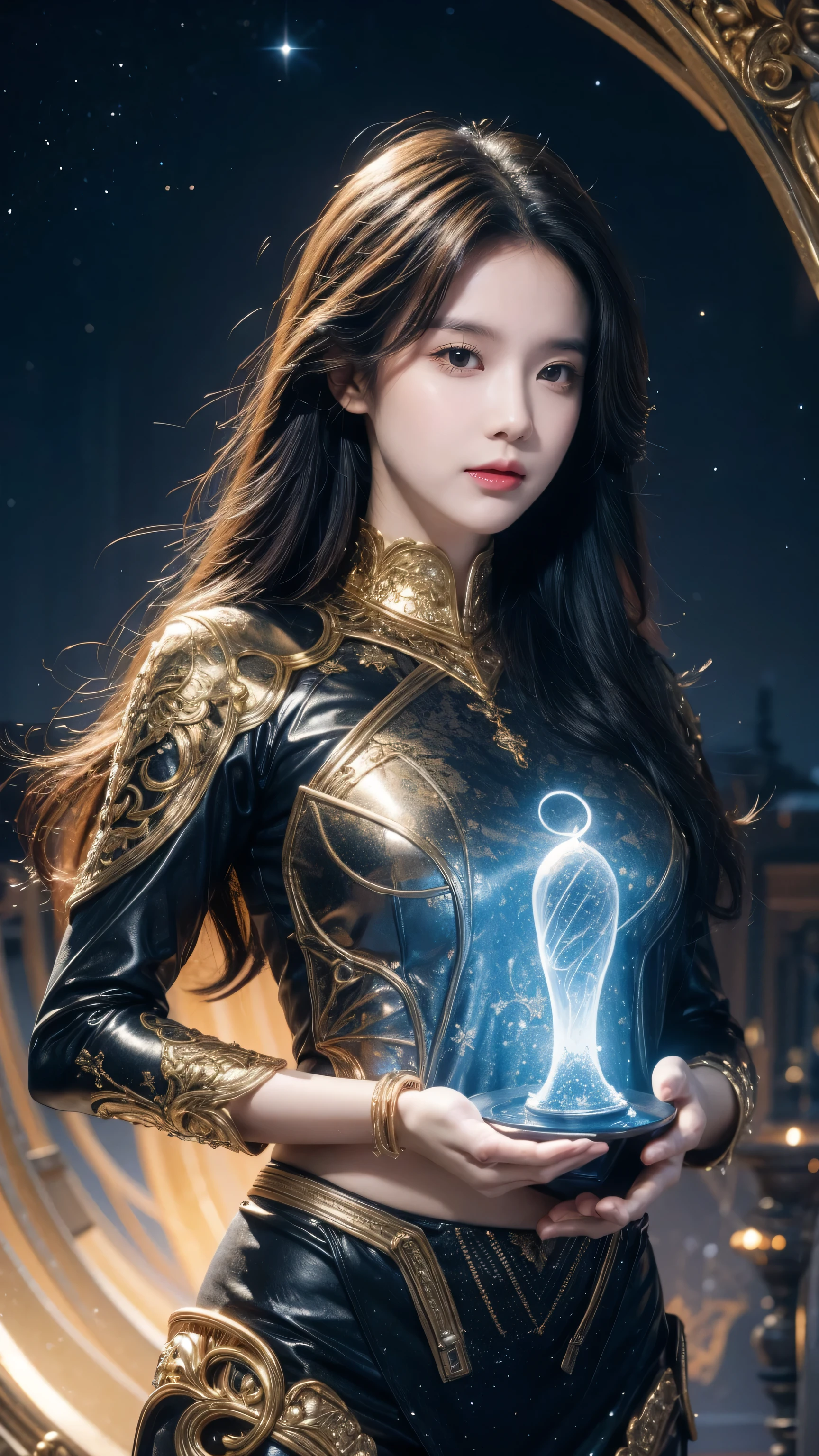 artwork, Surrealism, Very detailed, Intricate details, painting, best quality, Cosmic, Starry Sky, woman holding two scales, pound sign concept, Golden Ratio, fair, Cosmic concept, 8k, Movie Lighting, Starry Sky background, Vibrant colors, Ultra HD, author:Greg Rutkowski