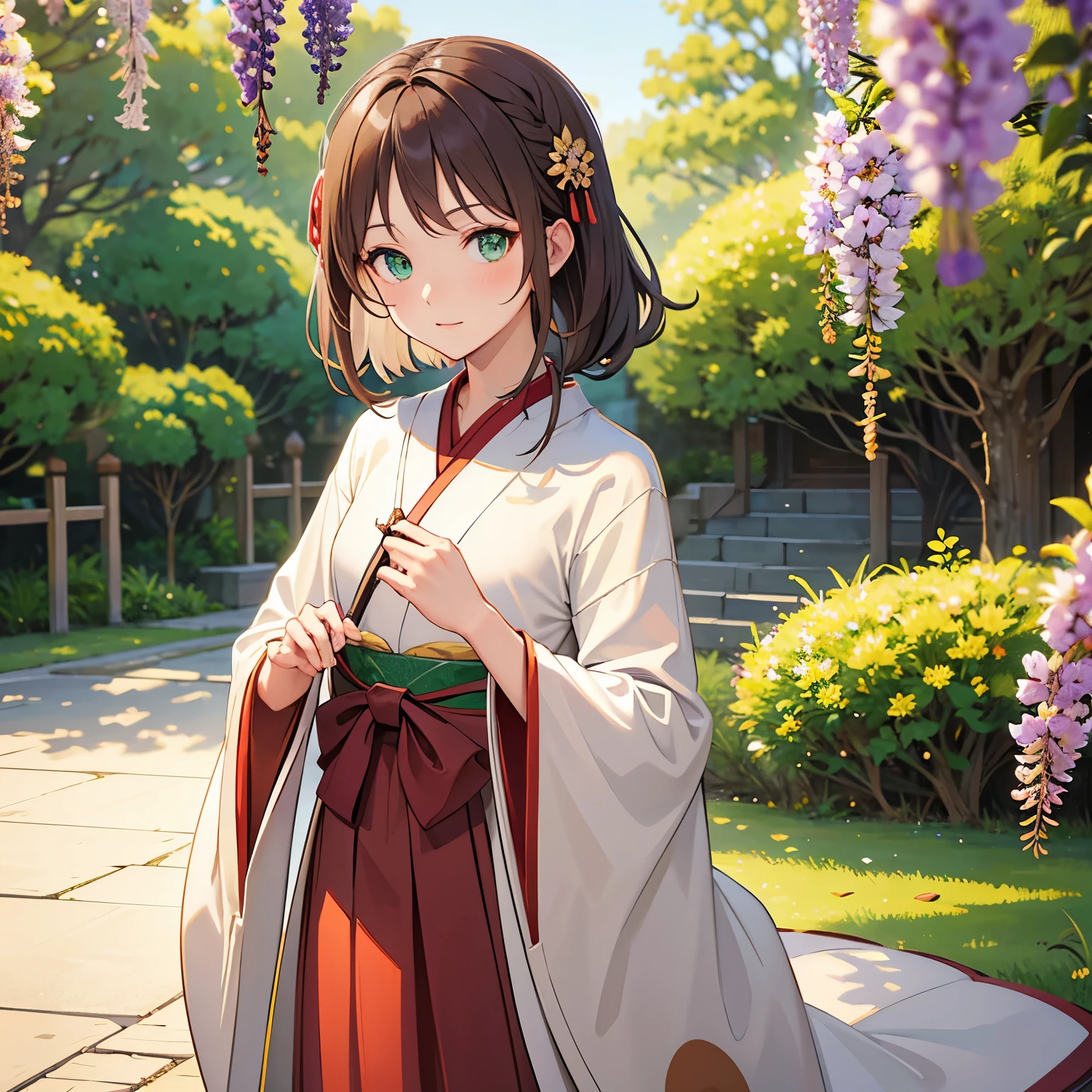 Brown Hair，Wisteria flower，Green Eyes，Japanese clothing，neutral