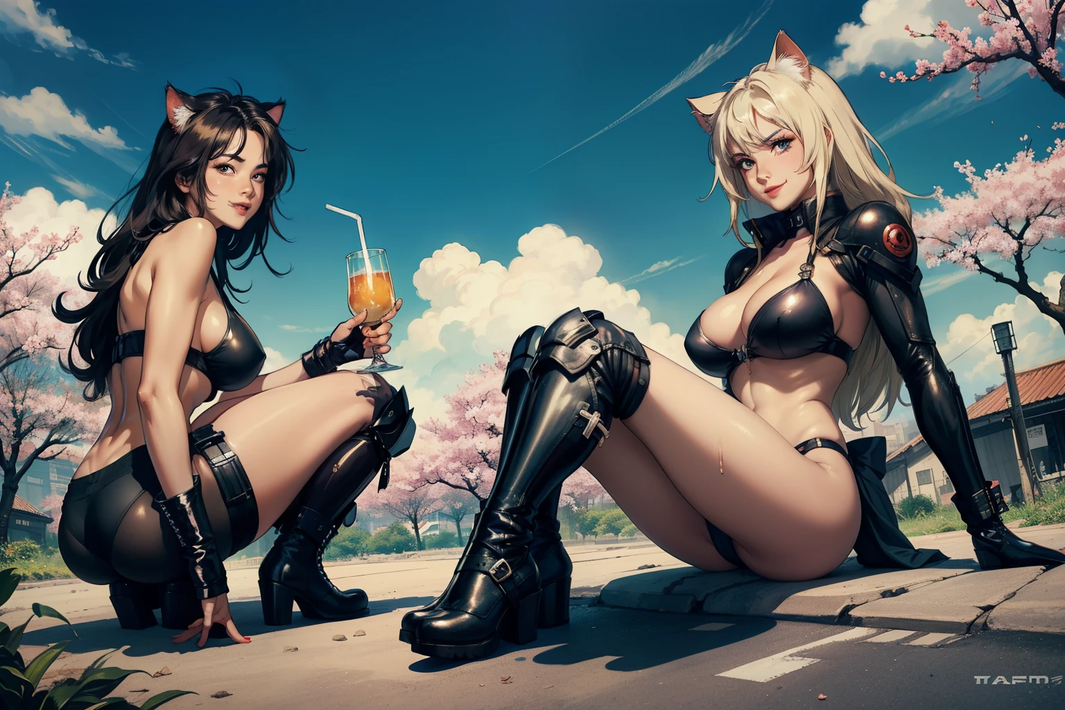 ((highest quality)), ((masterpiece)), (be familiar with), (High definition), 8K, (Accurate), (Realistic), Perfect Face, Cinematic, Best Shadow, (Complex:1.4), 2人のCat ear金髪女性, tall, Cat ear, Blonde Long Hair, Voluminous hair set, Big cleavage, Narrow waist, Big Ass, glamorous, Alluring, Bikini Protector、tactical suit、Combat Boots、Armament、Decadent future world, NEO TOKYO, Two people sitting on top of a large tank and drinking alcohol, (smile), Cherry Blossom Viewing, Cherry tree