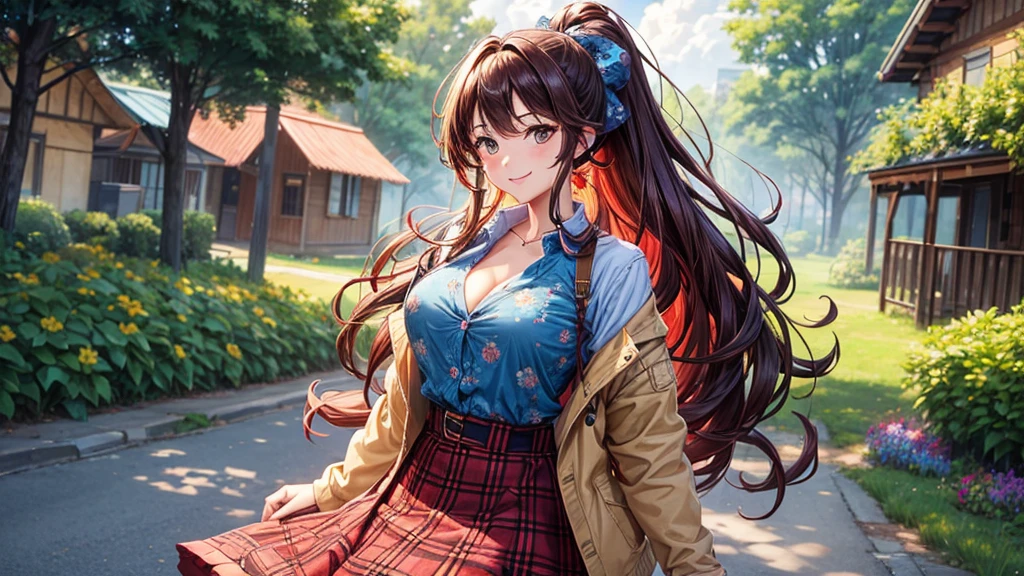 1girl, full body, summer, village, trees, sun, clouds, ((colorful hair)), long hair, curly hair, ponytail, large breasts, button down shirt, ((blue floral pattern shirt)), ((unbuttoned shirt)), unbuttoning buttons, popping buttons, cleavage 1:3, brown eyes, ((opened denim jacket)), ((red black skirt)), smile, looking at the viewer, touching neck, standng, hair ribbon, golden necklate