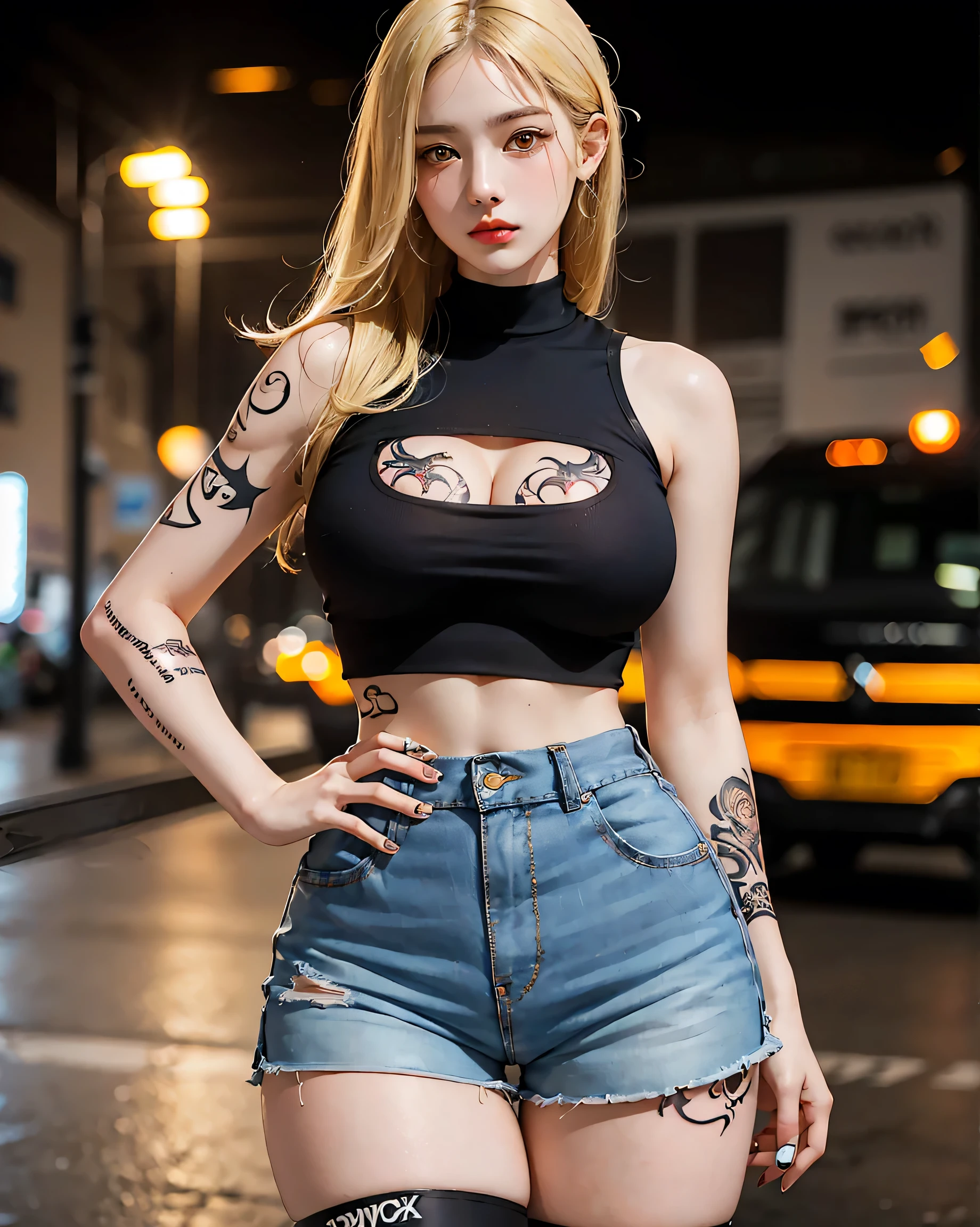 (Browsing Caution:0.7), Perfect Style, Beautiful Face, Highly detailed face and skin texture, (Maximum resolution: 1.2), 1 female,Hip Up, jewelry, (((He has many tattoos all over his body)), Streetwear, ((Tight shorts)), blonde, ,sneakers, (((Tight waist))), ((Big Breasts)),(See-through)