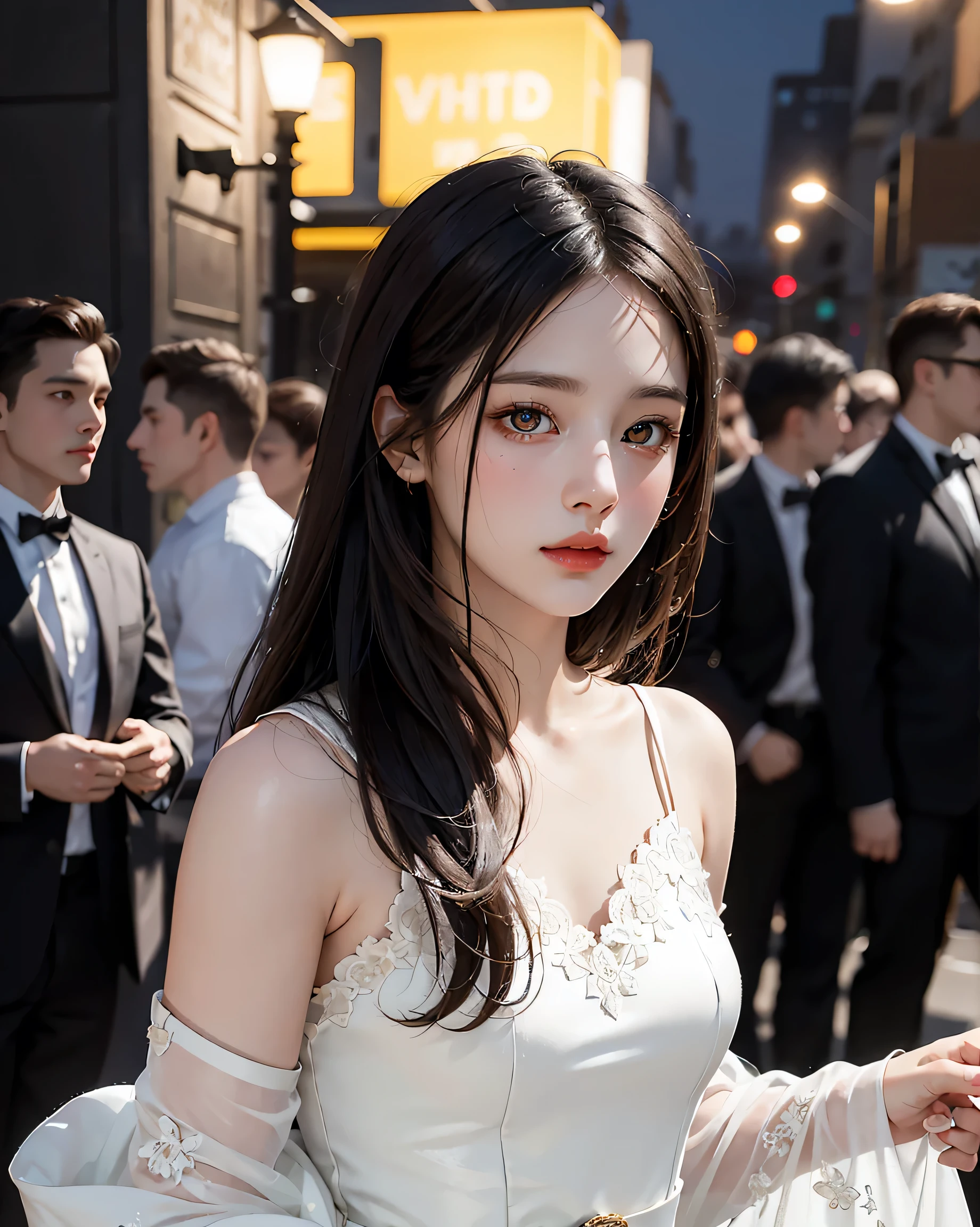 masterpiece, (Front Focus), Surrealist female portrait, Fantasy art, realism, Dynamic Lighting, Art Station, Poster, Volumetric lighting, Highly detailed face, black and fluffy eyes, Sparkling Eyes,4K, Awards, 1 girl, Modest,Full Body Shot, (Formal attire: 1.4,white lace gown), Street lights, Dark brown hair,