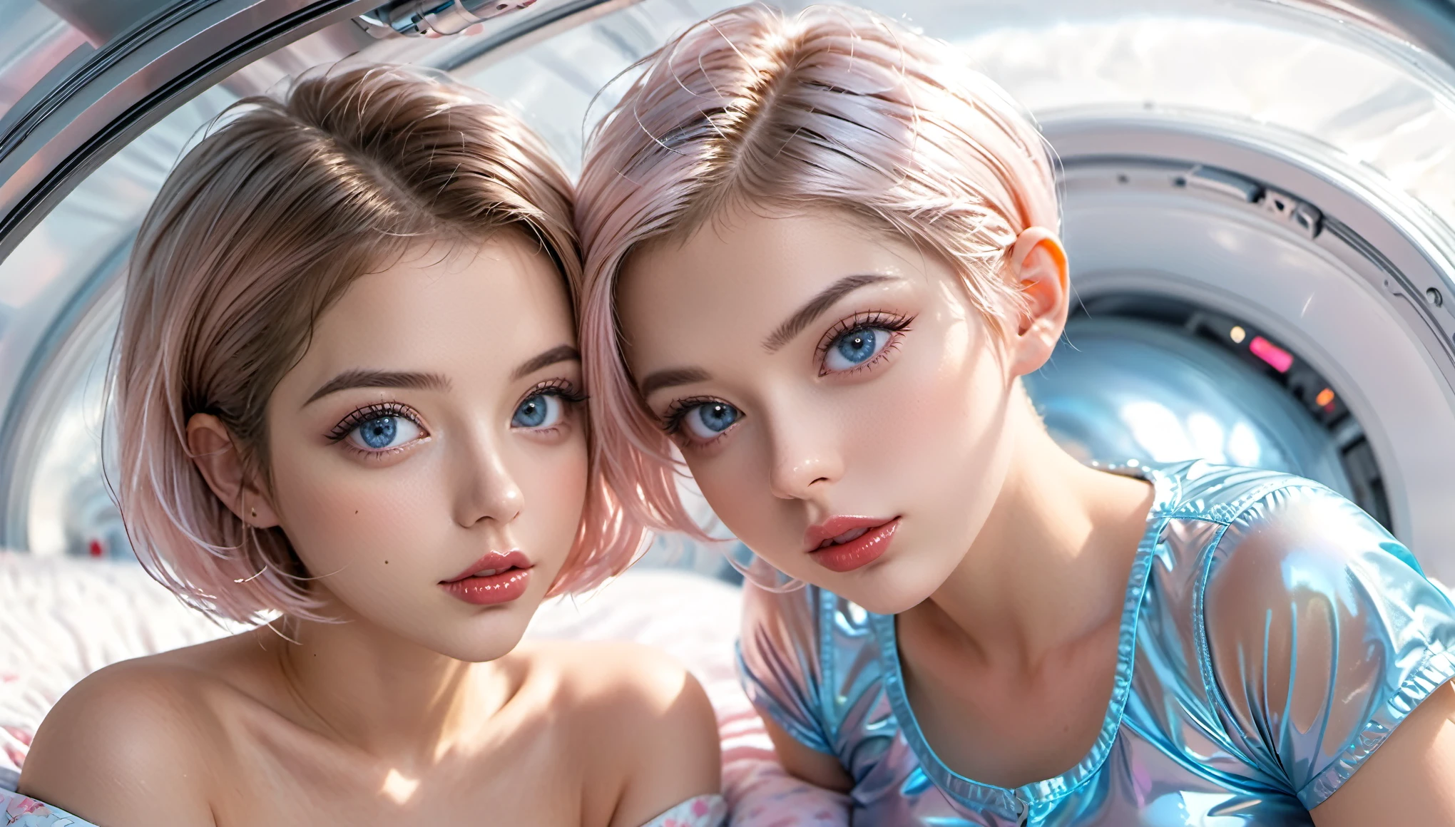 Masterpiece, Best Quality, ((2 cute girls kissing in a light pink blue wide open shiny puffer, short sleeves, small perky breasts, extremely detailed face, beautiful detailed slightly open eyes, beautiful detailed lips, pixie side shaved hair, small hips, in a spaceship, on bed, ultra wide view))